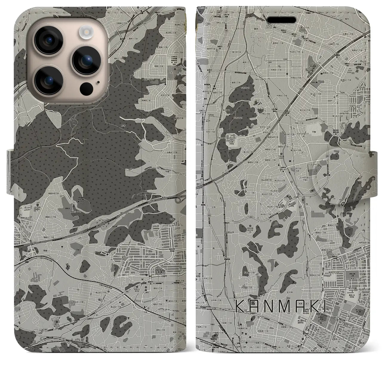 【上牧(奈良県)】地図柄iPhoneケース(手帳タイプ)モノトーン・iPhone 16 Plus 用