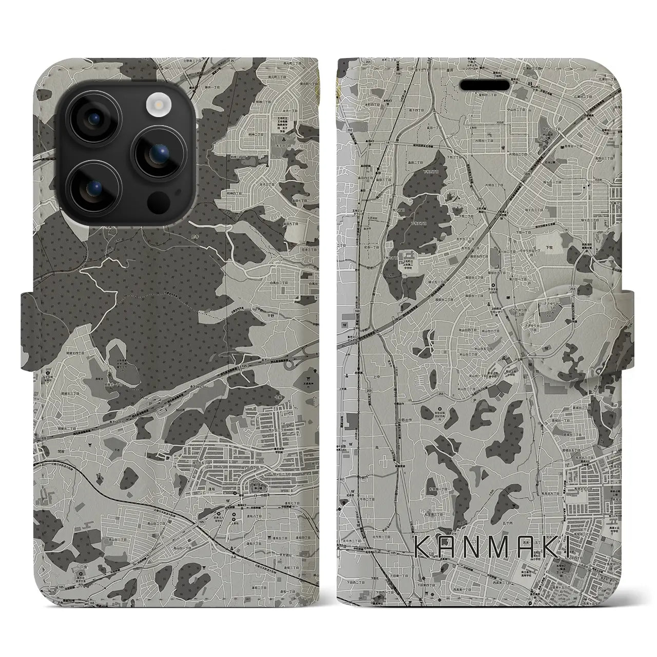 【上牧(奈良県)】地図柄iPhoneケース(手帳タイプ)モノトーン・iPhone 16 用