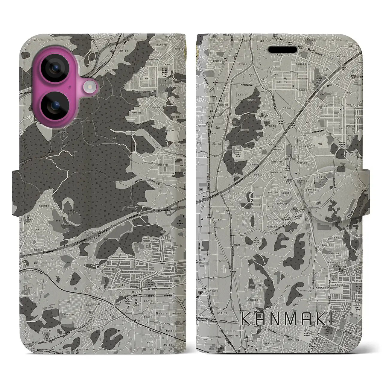 【上牧(奈良県)】地図柄iPhoneケース(手帳タイプ)モノトーン・iPhone 16 Pro 用