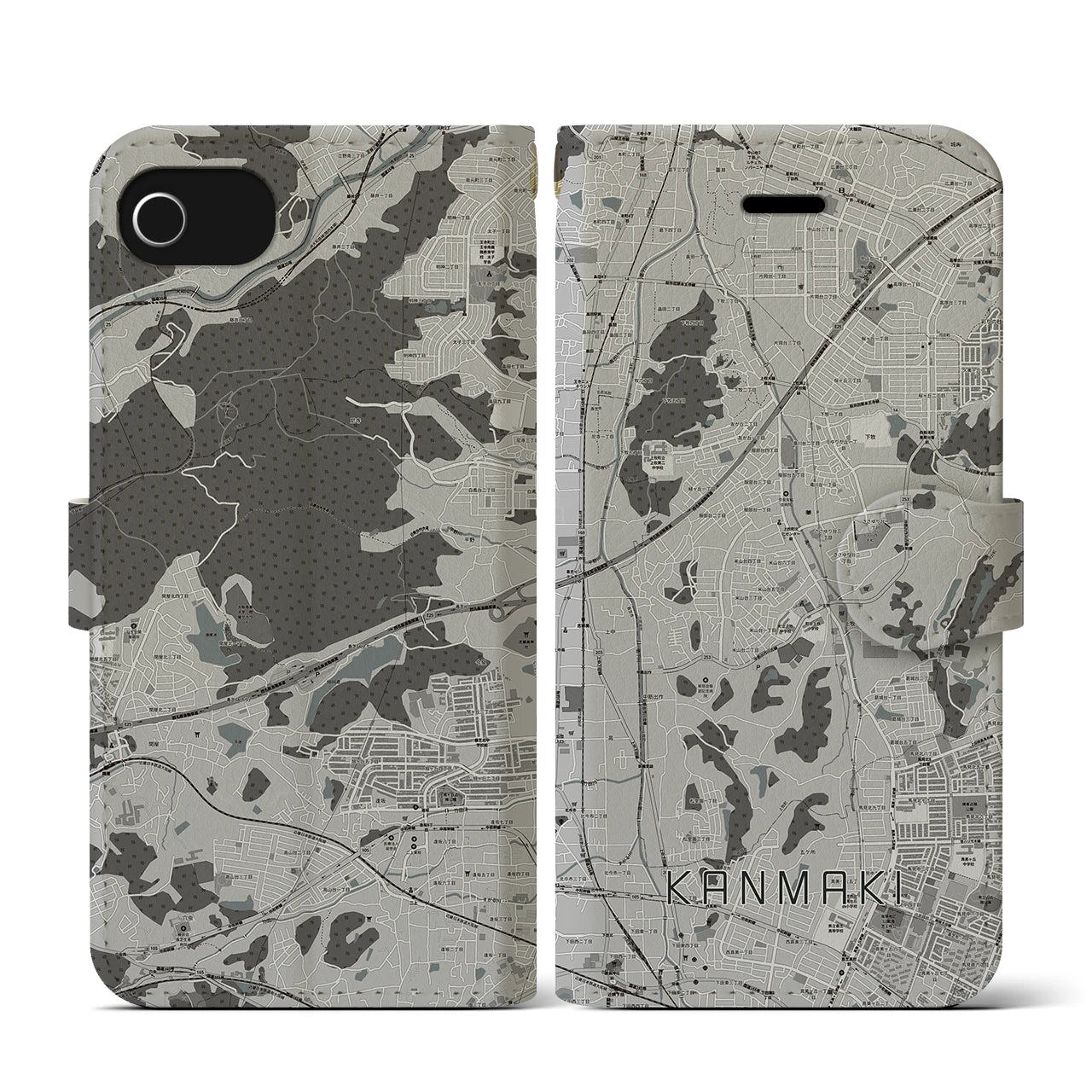 【上牧(奈良県)】地図柄iPhoneケース(手帳タイプ)モノトーン・iPhone SE(第3 / 第2世代) / 8 / 7 / 6s / 6 用