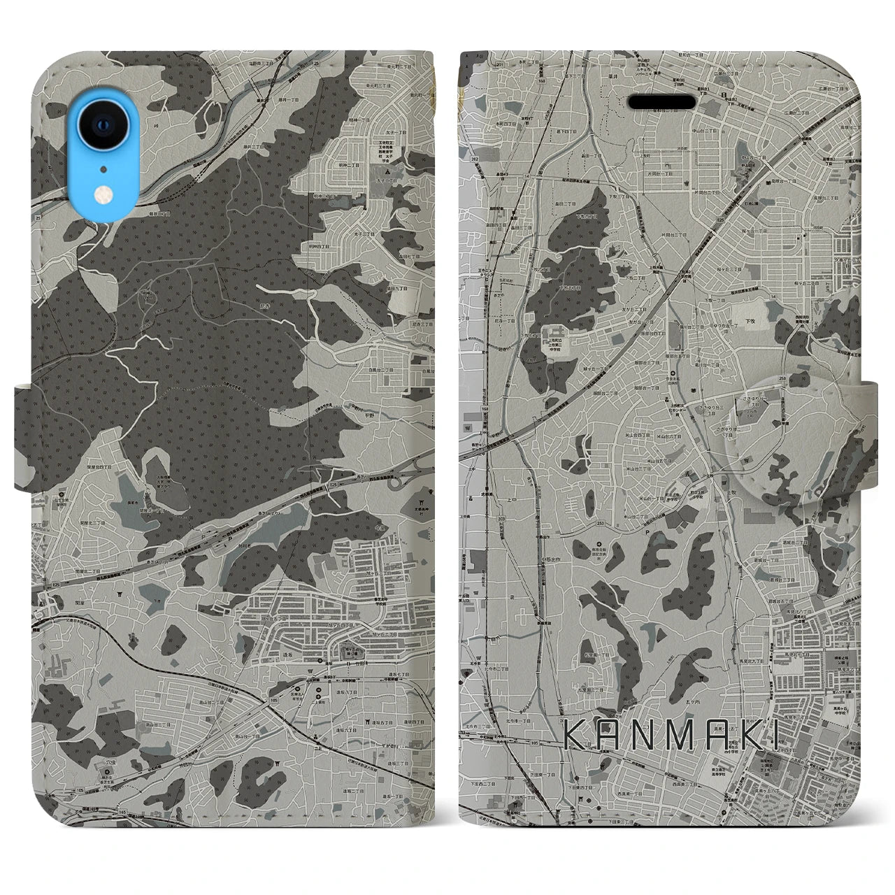 【上牧(奈良県)】地図柄iPhoneケース(手帳タイプ)モノトーン・iPhone XR 用