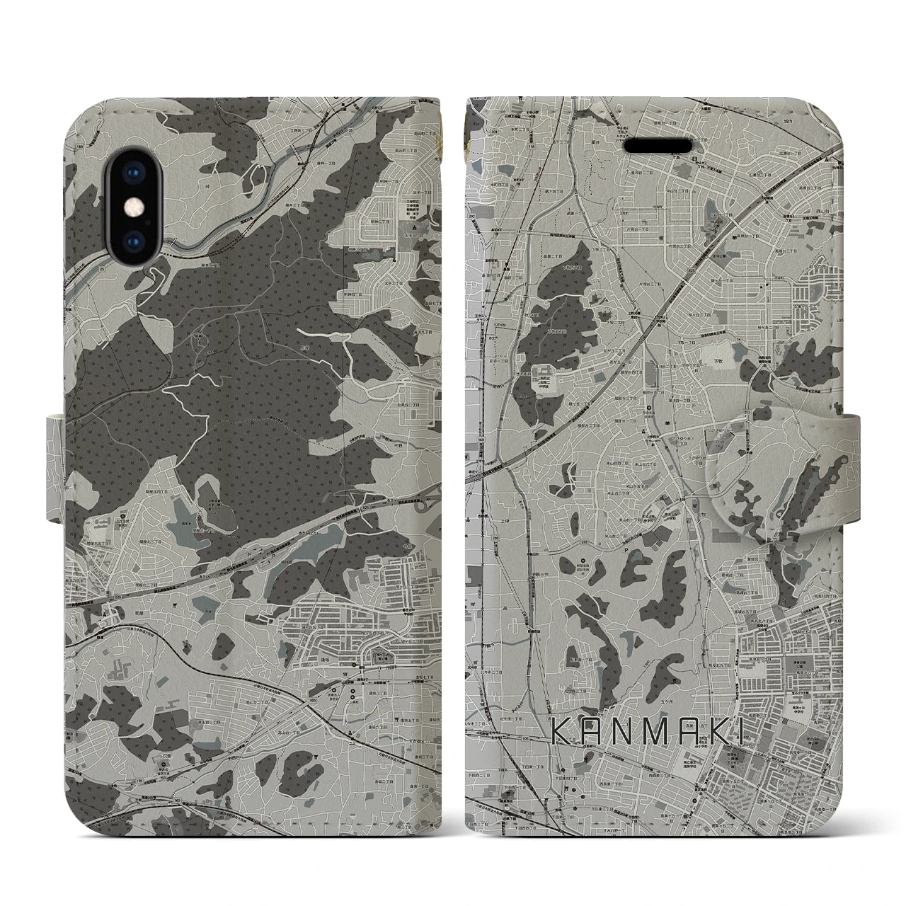 【上牧(奈良県)】地図柄iPhoneケース(手帳タイプ)モノトーン・iPhone XS / X 用