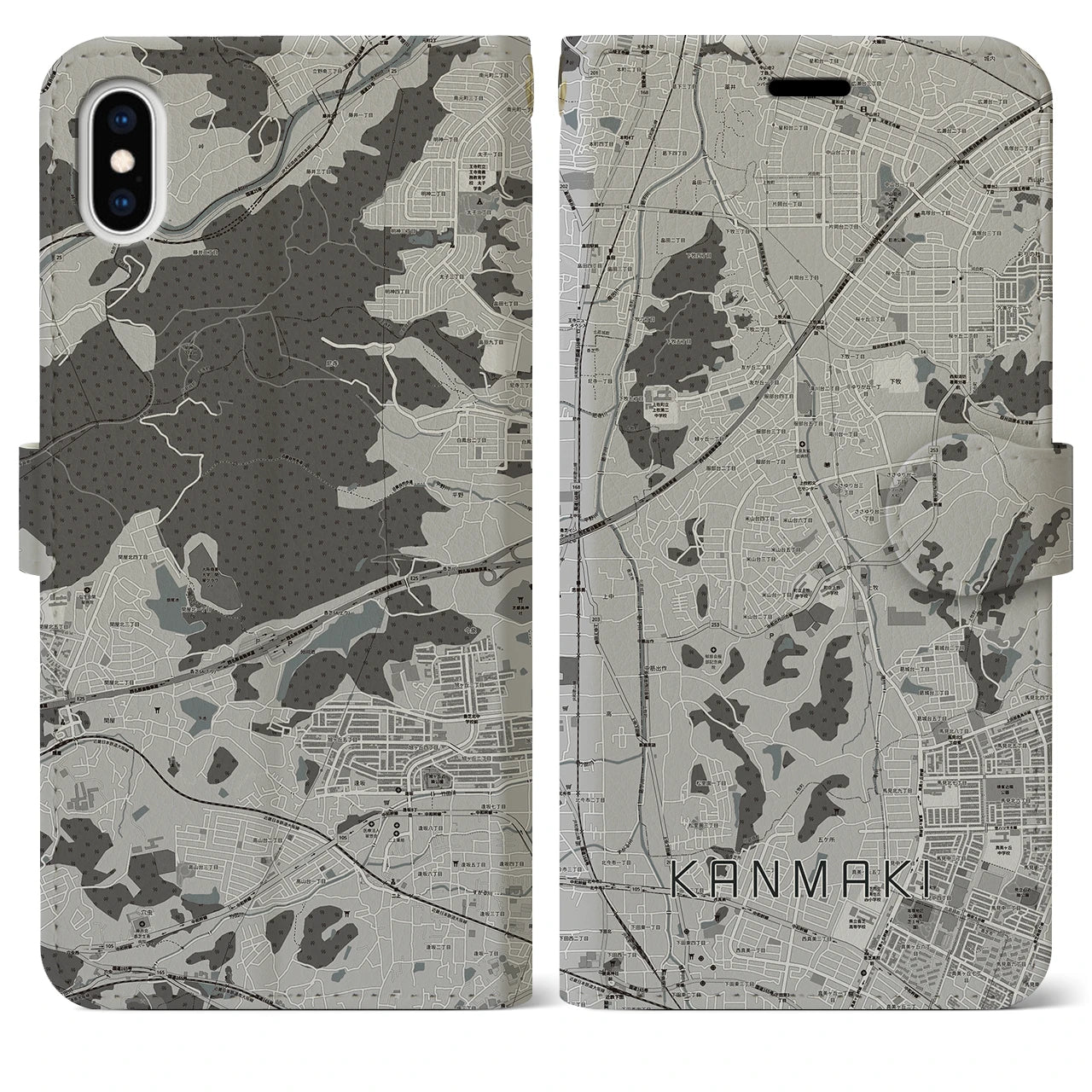 【上牧(奈良県)】地図柄iPhoneケース(手帳タイプ)モノトーン・iPhone XS Max 用
