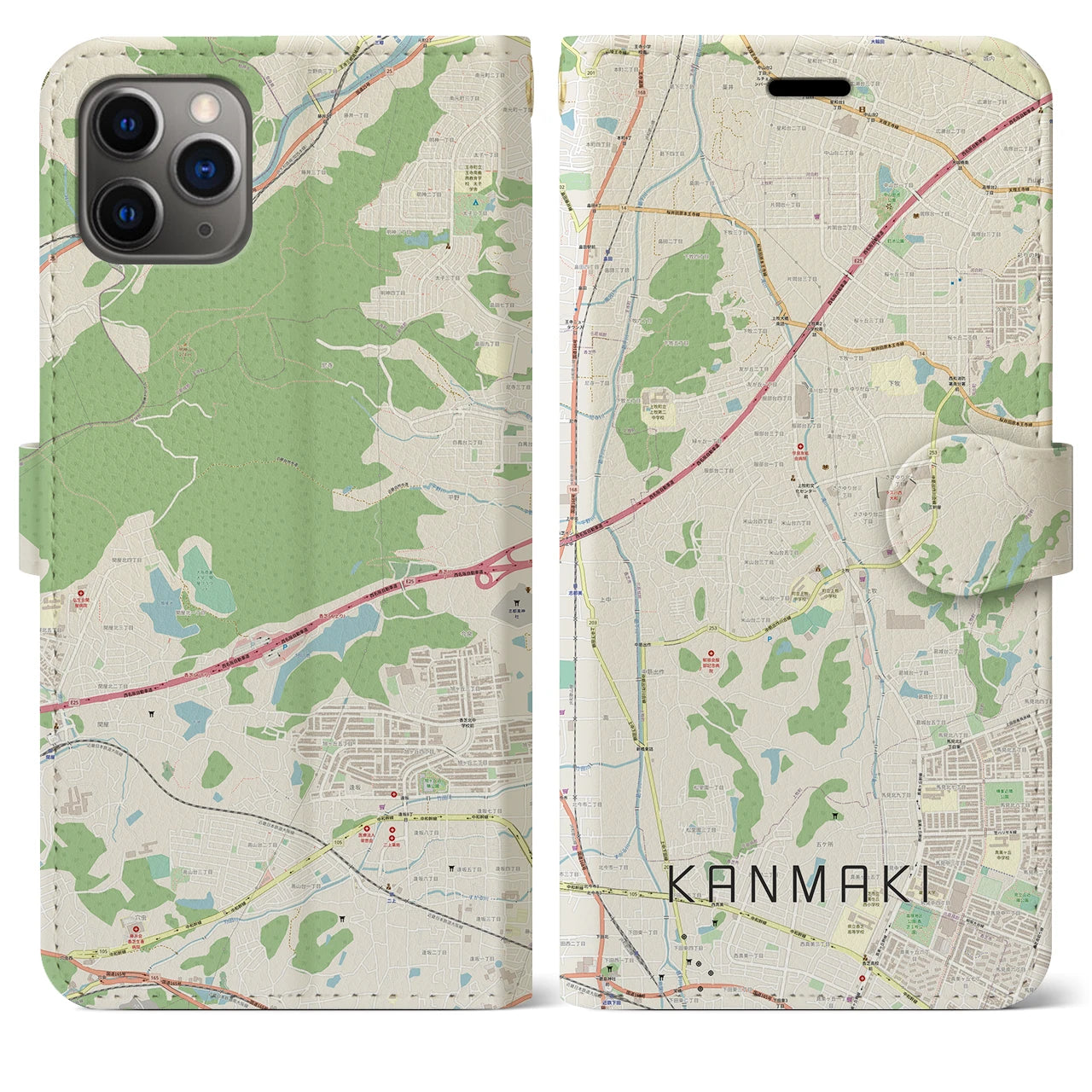 【上牧(奈良県)】地図柄iPhoneケース(手帳タイプ)ナチュラル・iPhone 11 Pro Max 用