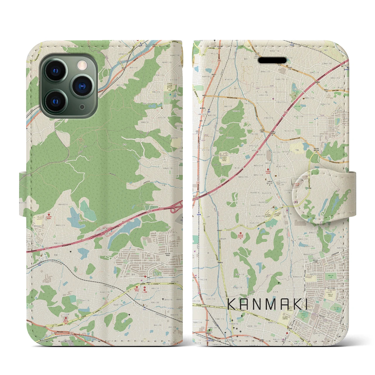 【上牧(奈良県)】地図柄iPhoneケース(手帳タイプ)ナチュラル・iPhone 11 Pro 用