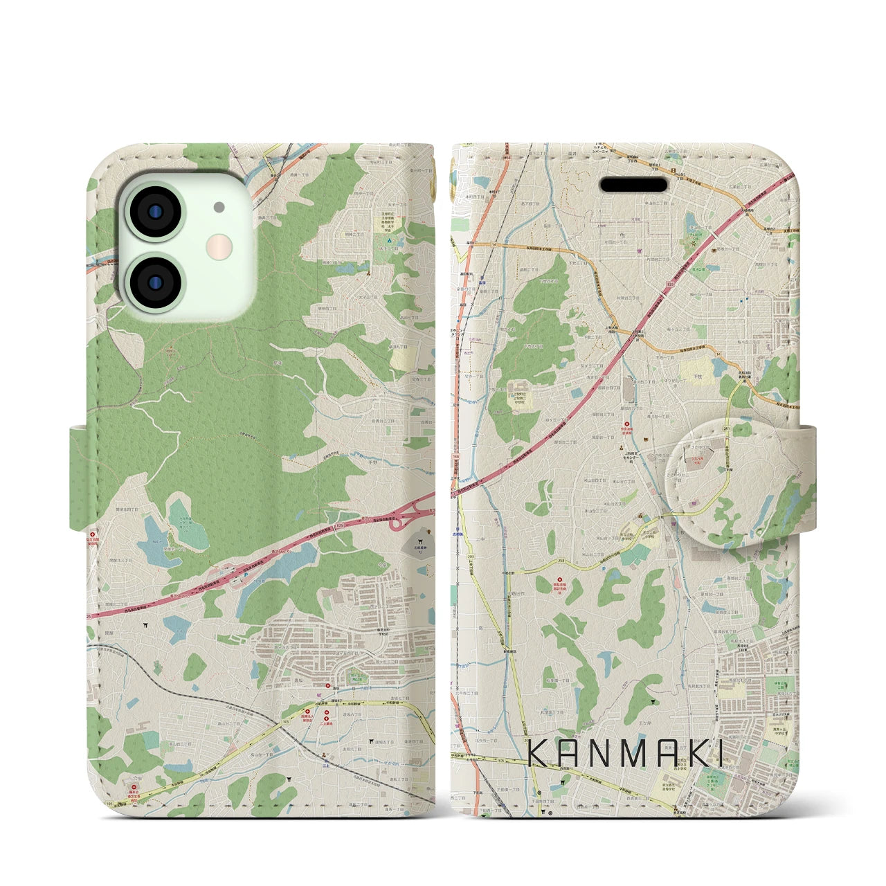 【上牧(奈良県)】地図柄iPhoneケース(手帳タイプ)ナチュラル・iPhone 12 mini 用
