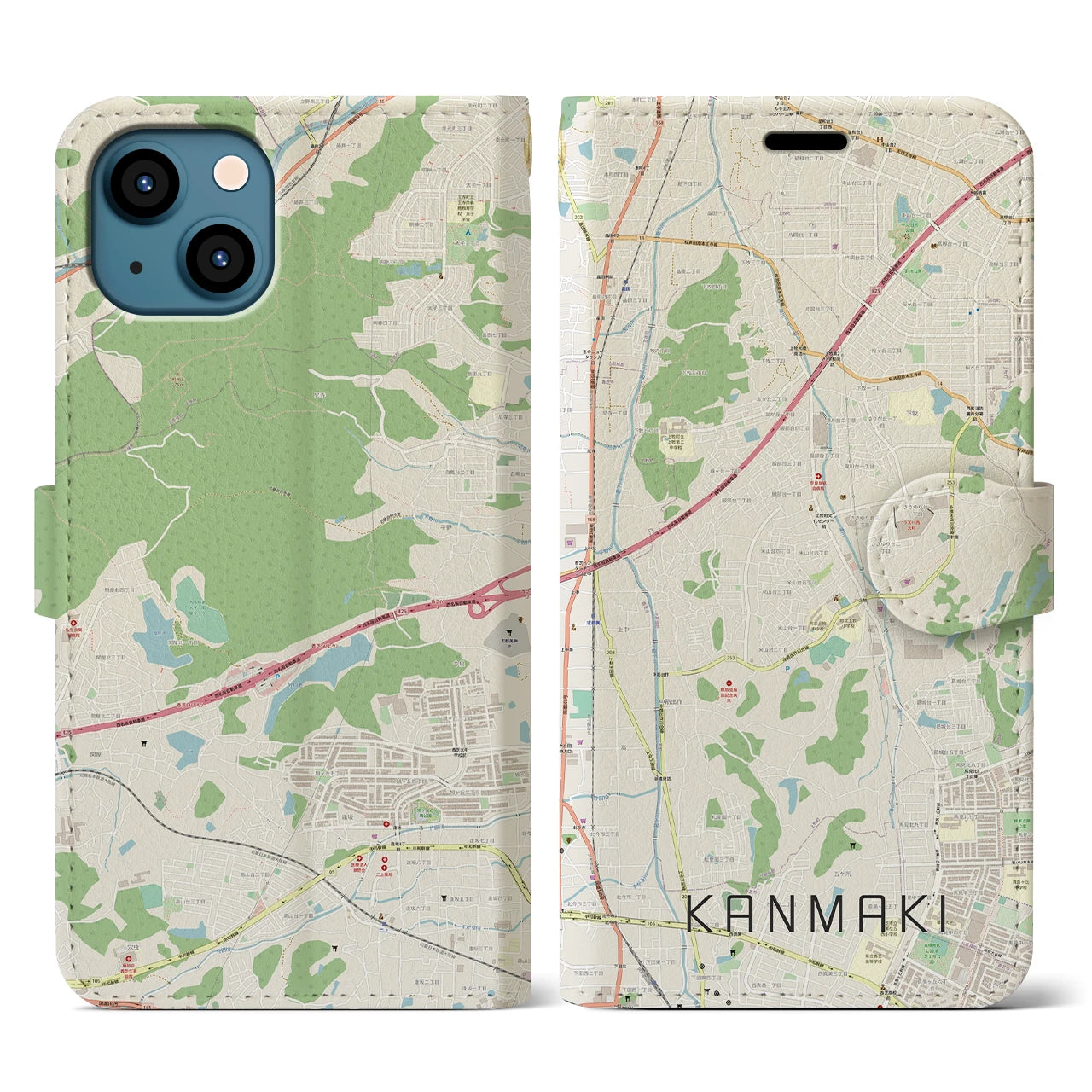 【上牧(奈良県)】地図柄iPhoneケース(手帳タイプ)ナチュラル・iPhone 13 用