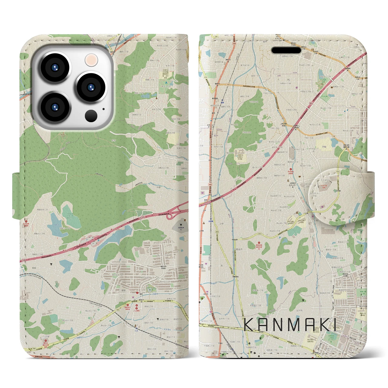 【上牧(奈良県)】地図柄iPhoneケース(手帳タイプ)ナチュラル・iPhone 13 Pro 用