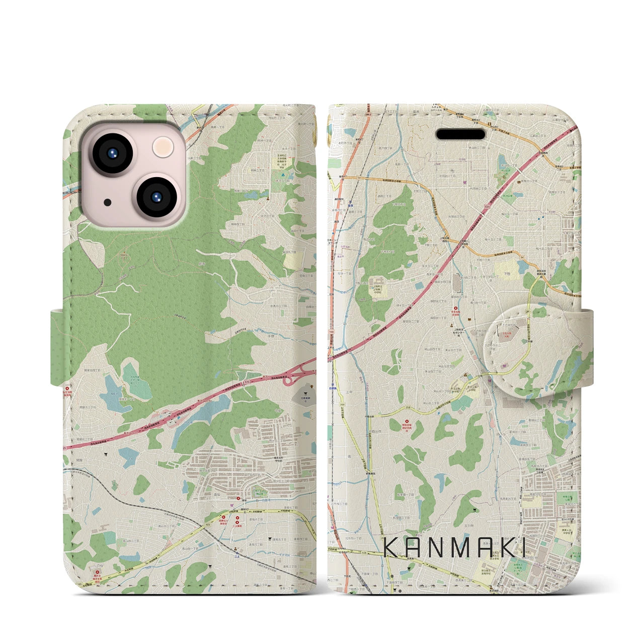 【上牧(奈良県)】地図柄iPhoneケース(手帳タイプ)ナチュラル・iPhone 13 mini 用