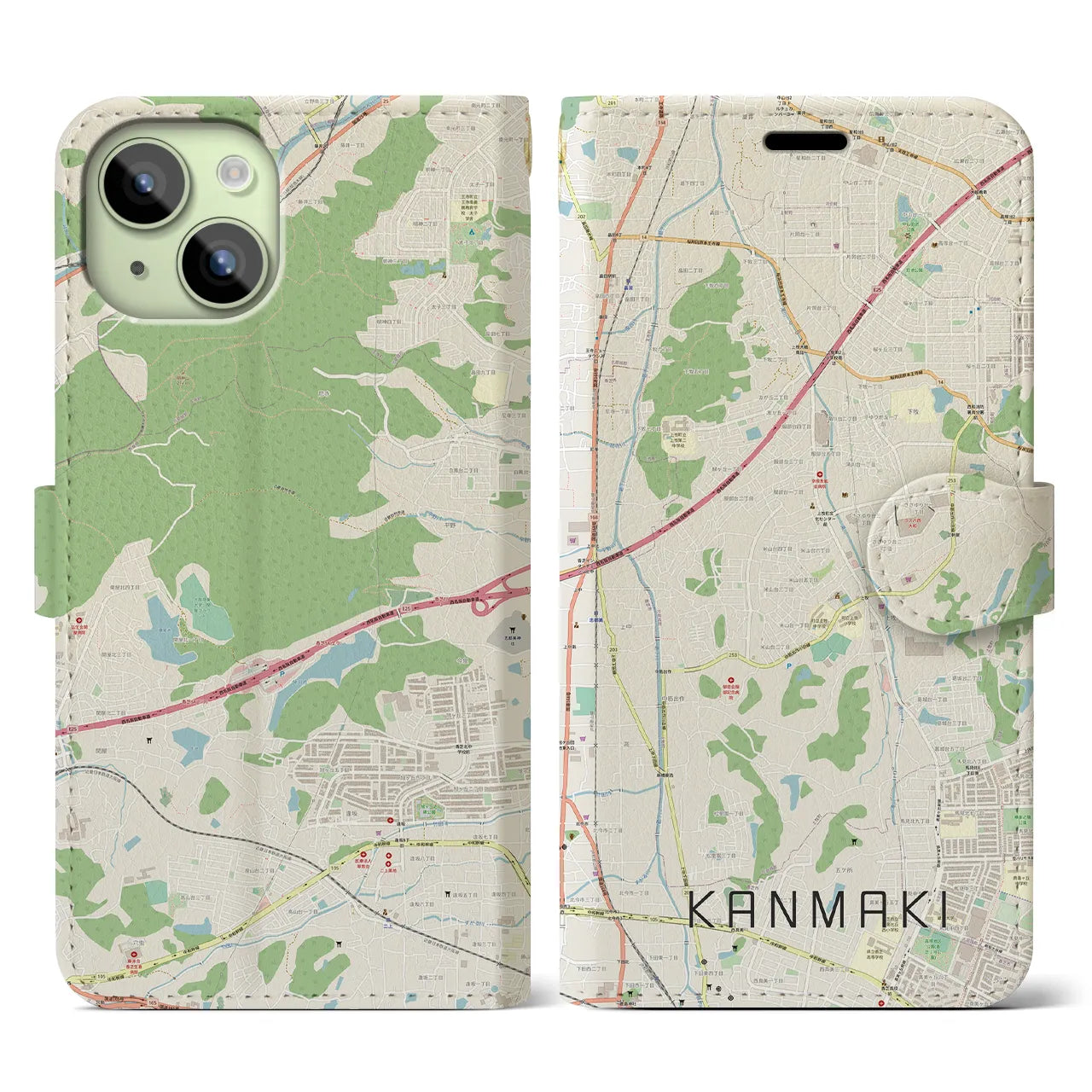 【上牧(奈良県)】地図柄iPhoneケース(手帳タイプ)ナチュラル・iPhone 15 用