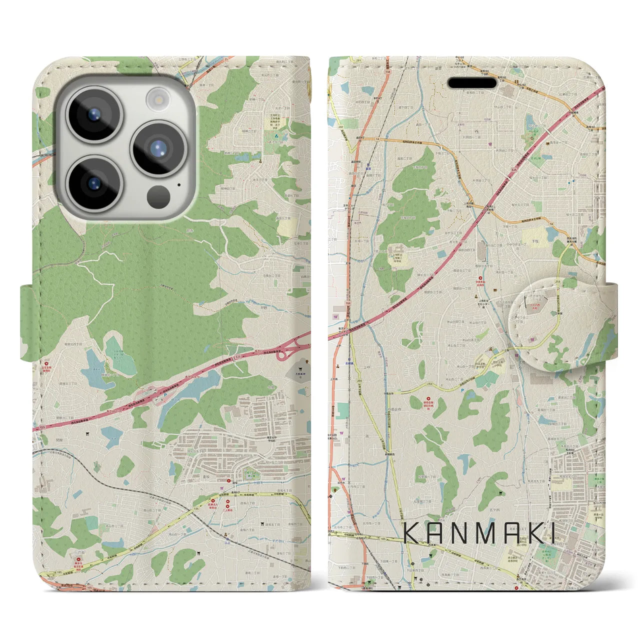 【上牧(奈良県)】地図柄iPhoneケース(手帳タイプ)ナチュラル・iPhone 15 Pro 用