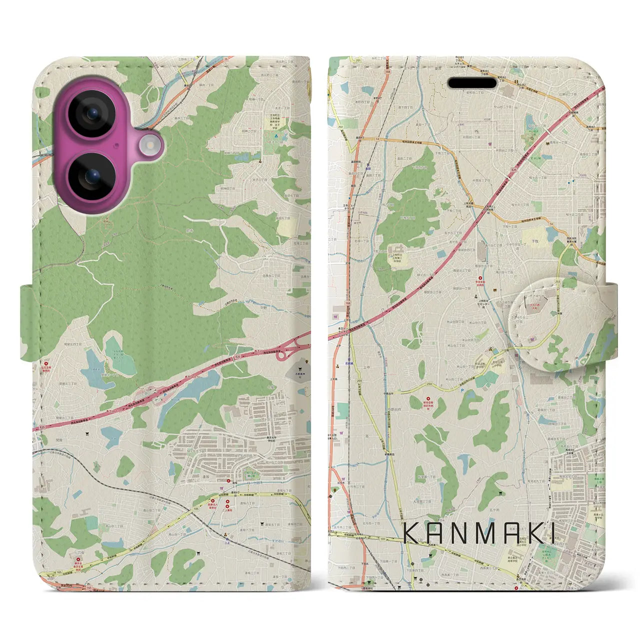 【上牧(奈良県)】地図柄iPhoneケース(手帳タイプ)ナチュラル・iPhone 16 Pro 用