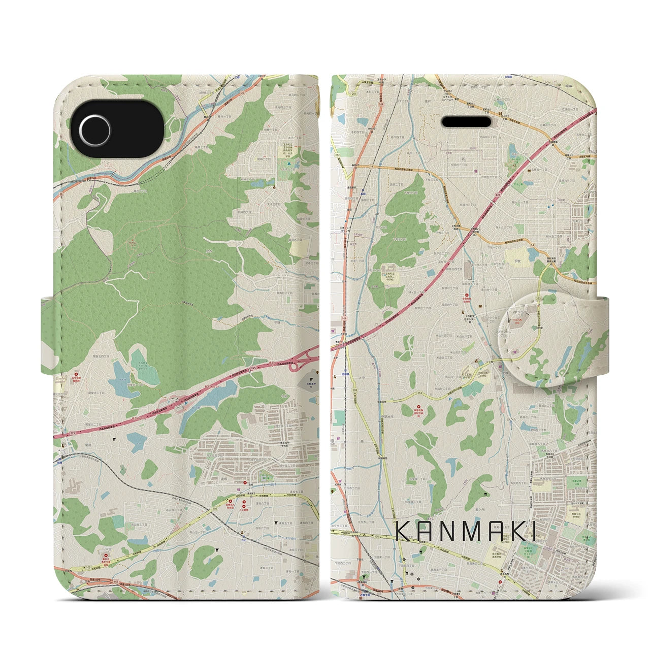 【上牧(奈良県)】地図柄iPhoneケース(手帳タイプ)ナチュラル・iPhone SE(第3 / 第2世代) / 8 / 7 / 6s / 6 用