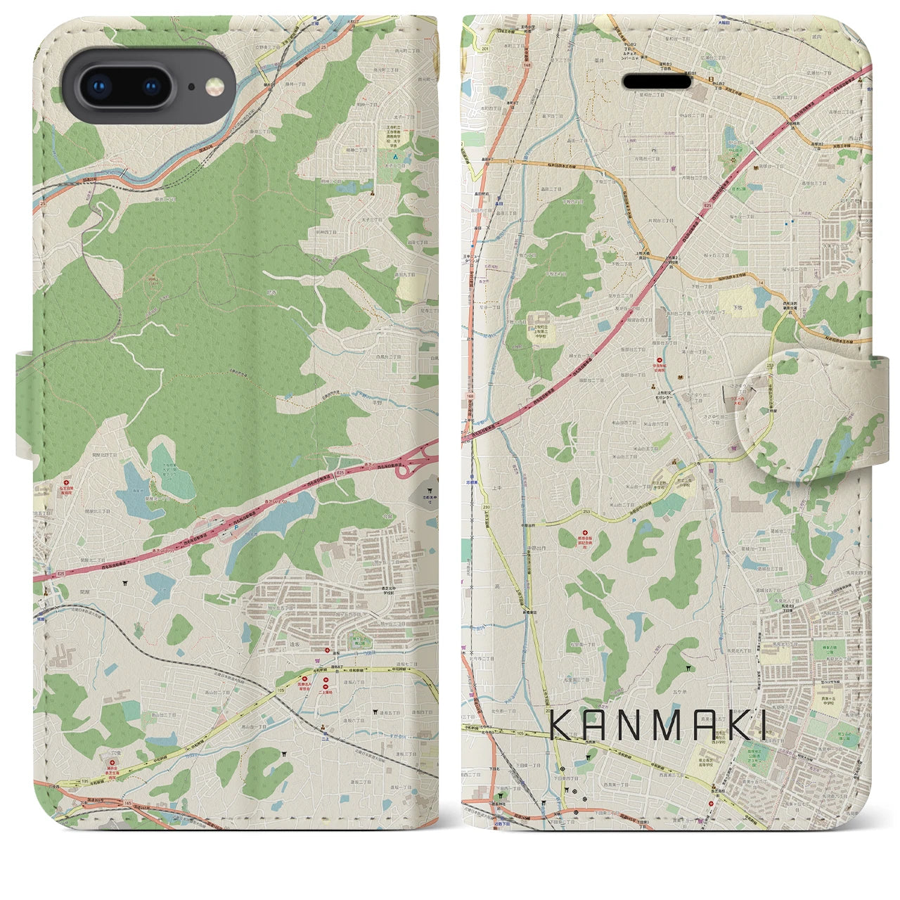 【上牧(奈良県)】地図柄iPhoneケース(手帳タイプ)ナチュラル・iPhone 8Plus /7Plus / 6sPlus / 6Plus 用