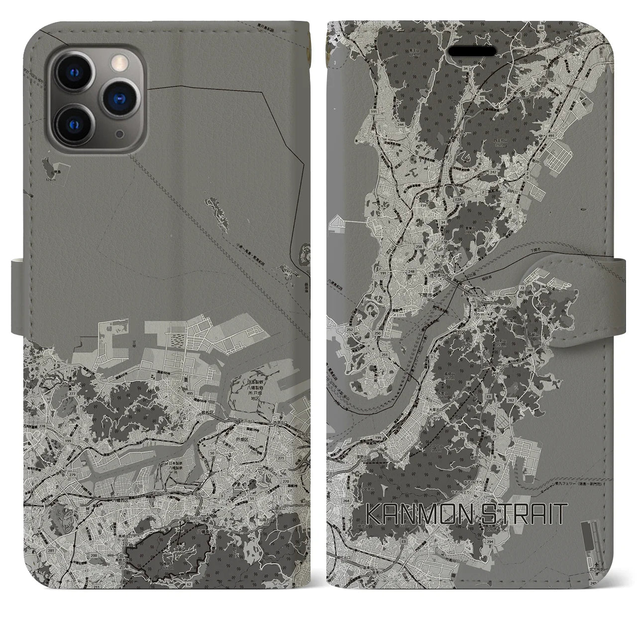 【関門海峡(山口県)】地図柄iPhoneケース(手帳タイプ)モノトーン・iPhone 11 Pro Max 用