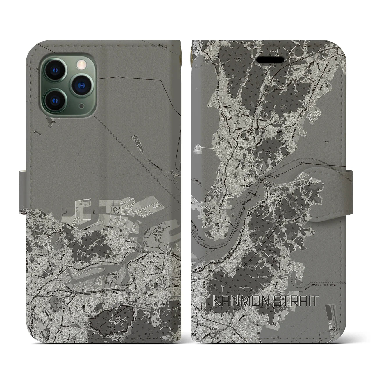 【関門海峡(山口県)】地図柄iPhoneケース(手帳タイプ)モノトーン・iPhone 11 Pro 用