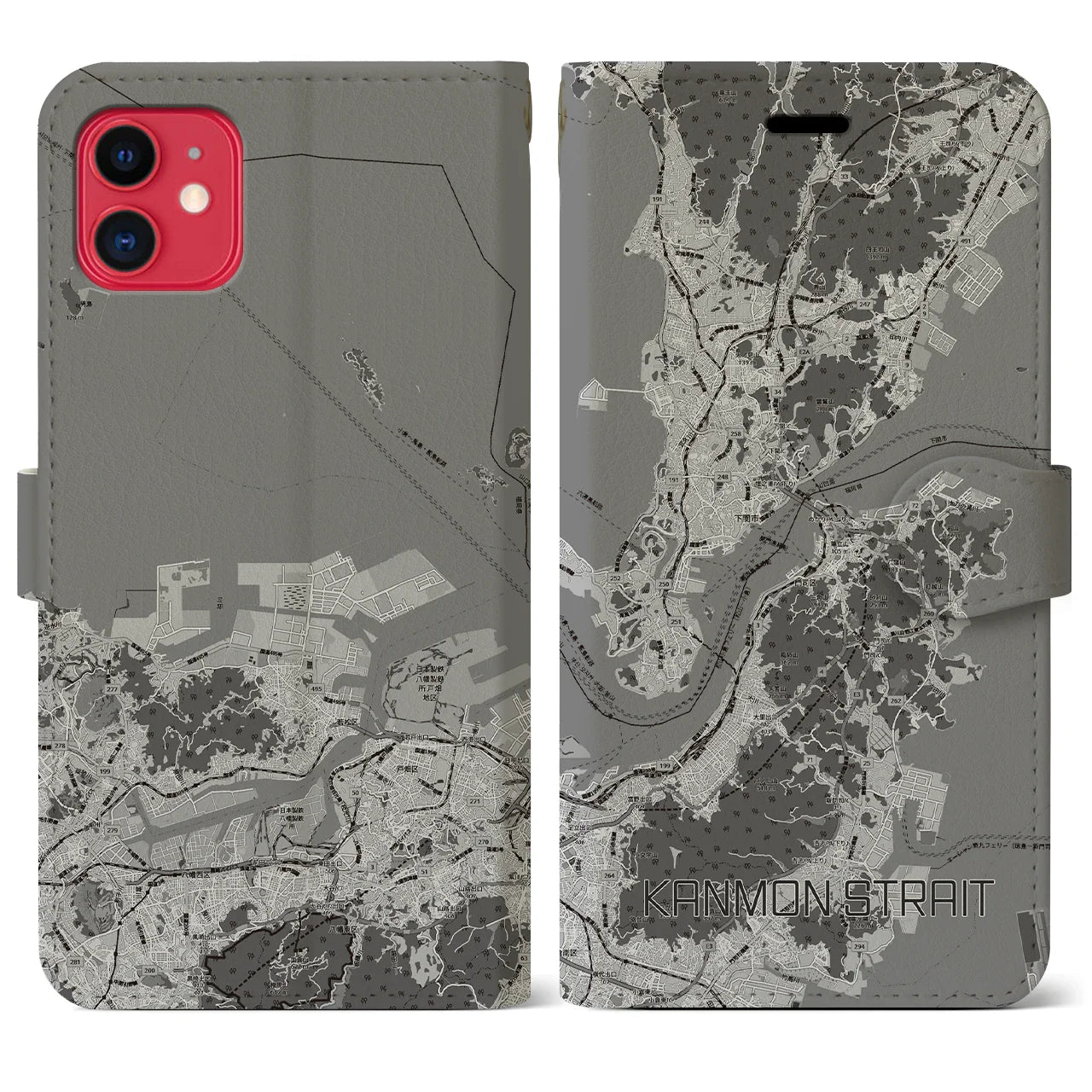 【関門海峡(山口県)】地図柄iPhoneケース(手帳タイプ)モノトーン・iPhone 11 用