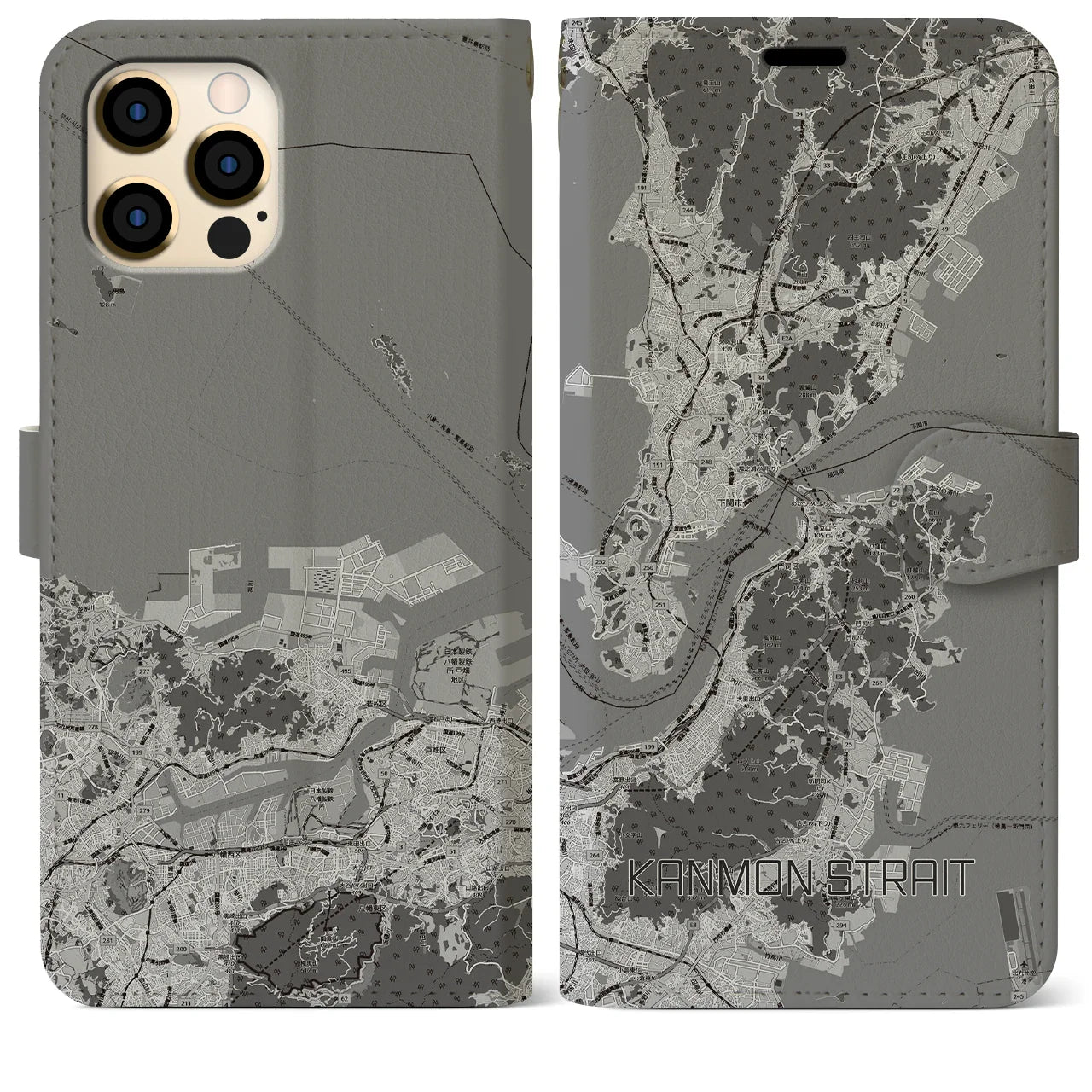 【関門海峡(山口県)】地図柄iPhoneケース(手帳タイプ)モノトーン・iPhone 12 Pro Max 用