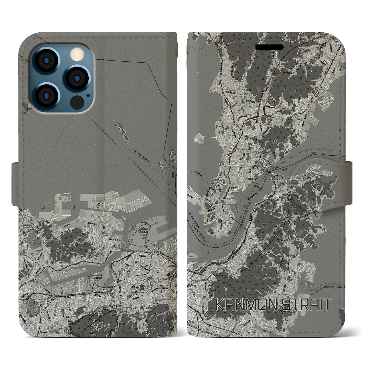 【関門海峡(山口県)】地図柄iPhoneケース(手帳タイプ)モノトーン・iPhone 12 / 12 Pro 用