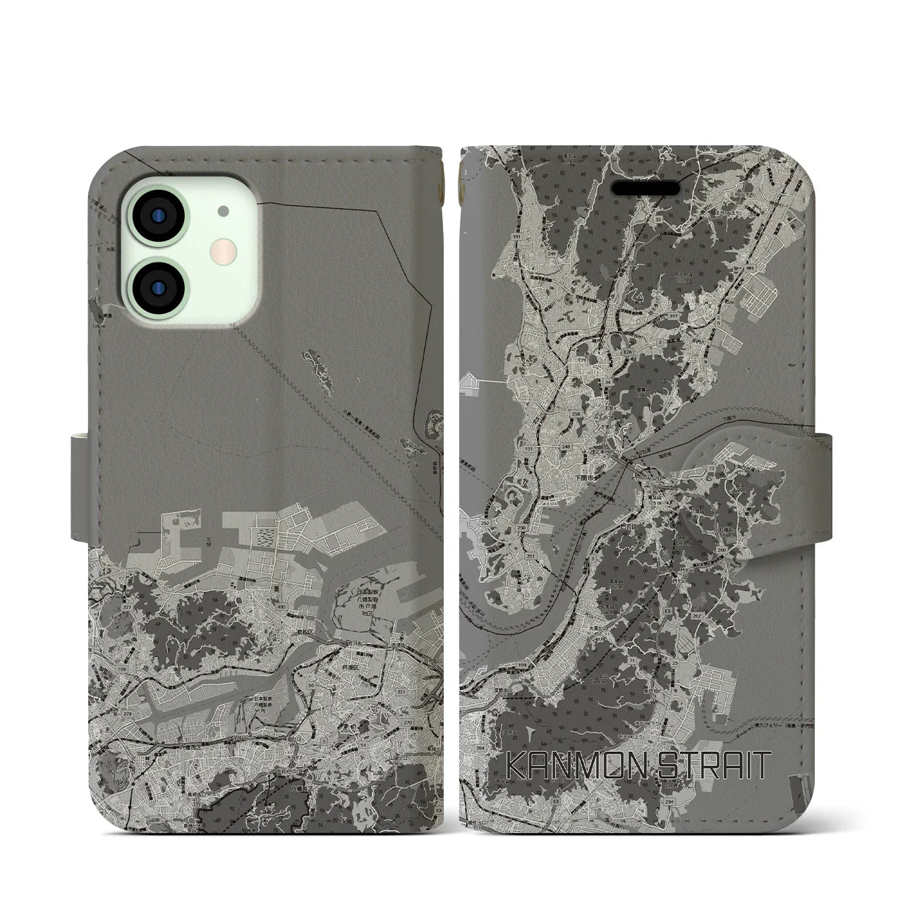 【関門海峡(山口県)】地図柄iPhoneケース(手帳タイプ)モノトーン・iPhone 12 mini 用