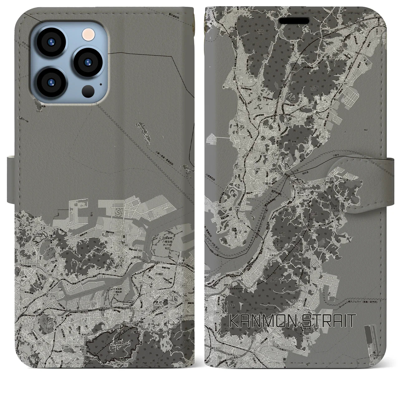 【関門海峡(山口県)】地図柄iPhoneケース(手帳タイプ)モノトーン・iPhone 13 Pro Max 用