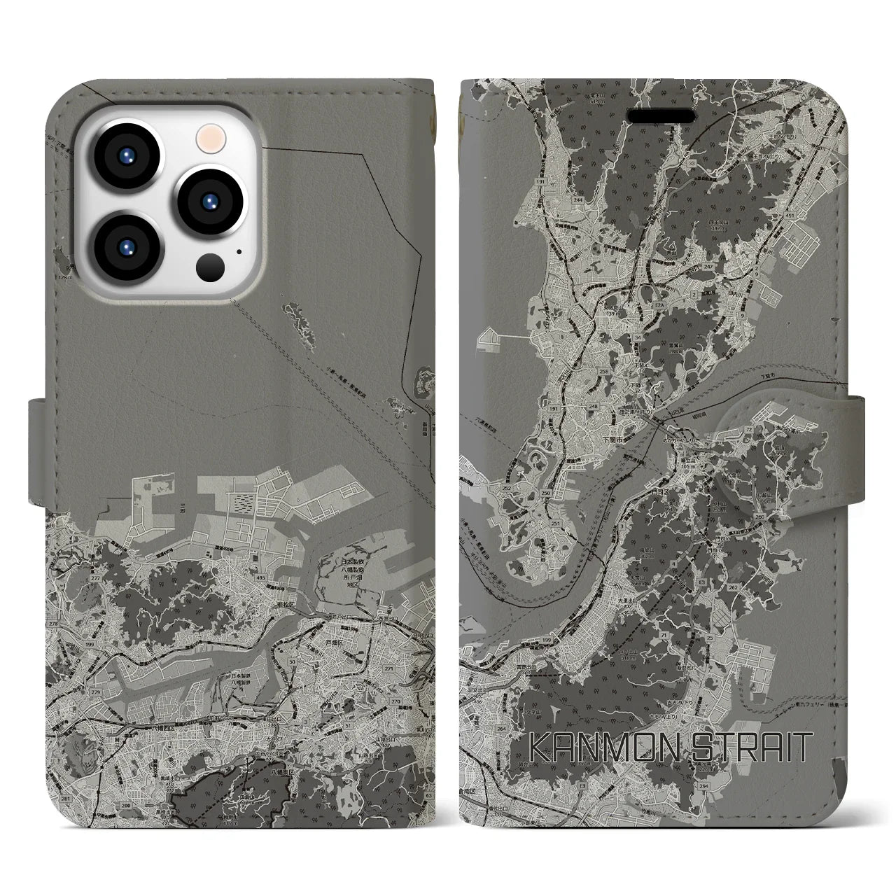 【関門海峡(山口県)】地図柄iPhoneケース(手帳タイプ)モノトーン・iPhone 13 Pro 用