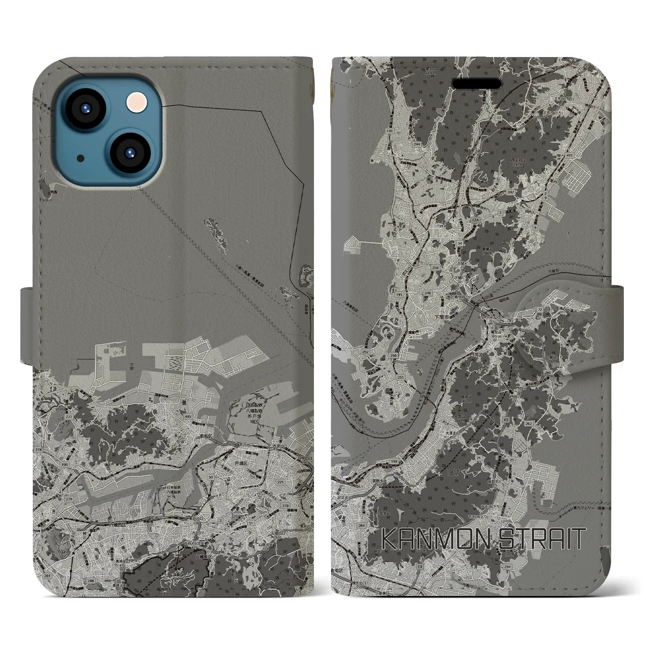 【関門海峡(山口県)】地図柄iPhoneケース(手帳タイプ)モノトーン・iPhone 13 用