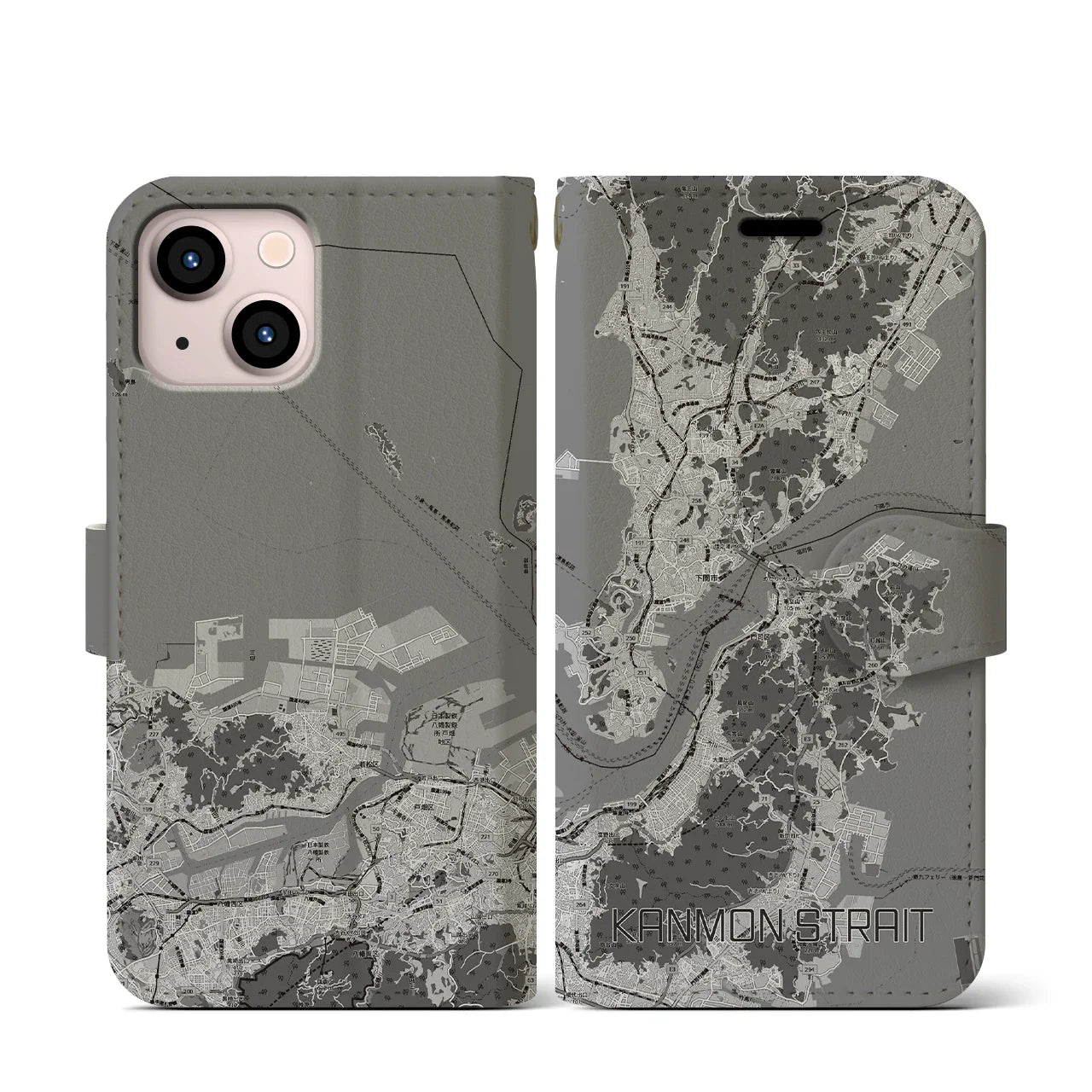 【関門海峡(山口県)】地図柄iPhoneケース(手帳タイプ)モノトーン・iPhone 13 mini 用