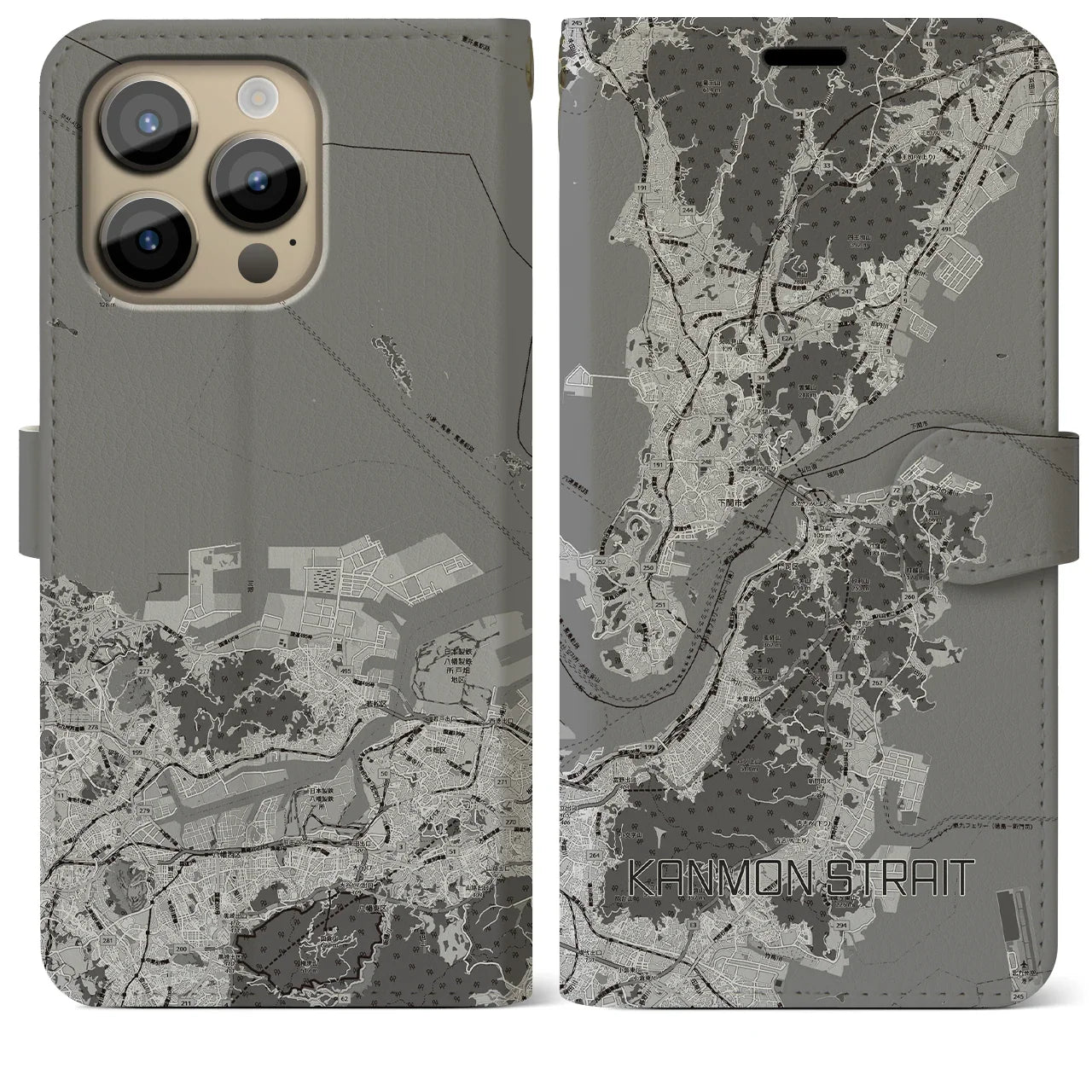 【関門海峡(山口県)】地図柄iPhoneケース(手帳タイプ)モノトーン・iPhone 14 Pro Max 用