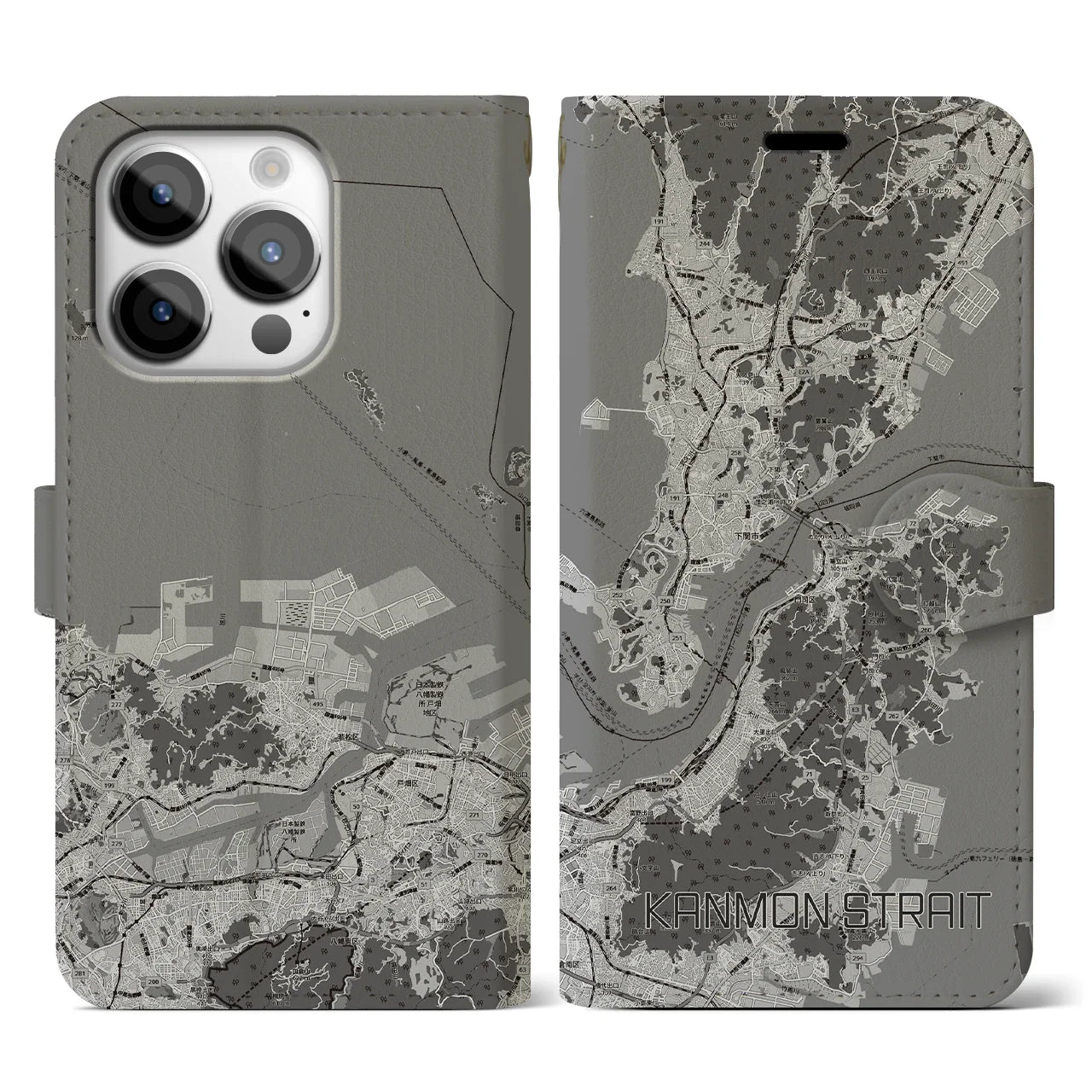 【関門海峡(山口県)】地図柄iPhoneケース(手帳タイプ)モノトーン・iPhone 14 Pro 用