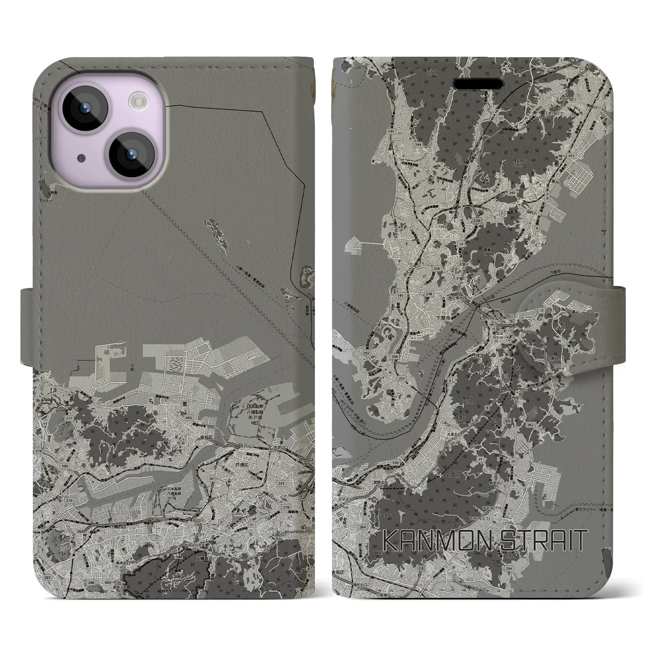 【関門海峡(山口県)】地図柄iPhoneケース(手帳タイプ)モノトーン・iPhone 14 用