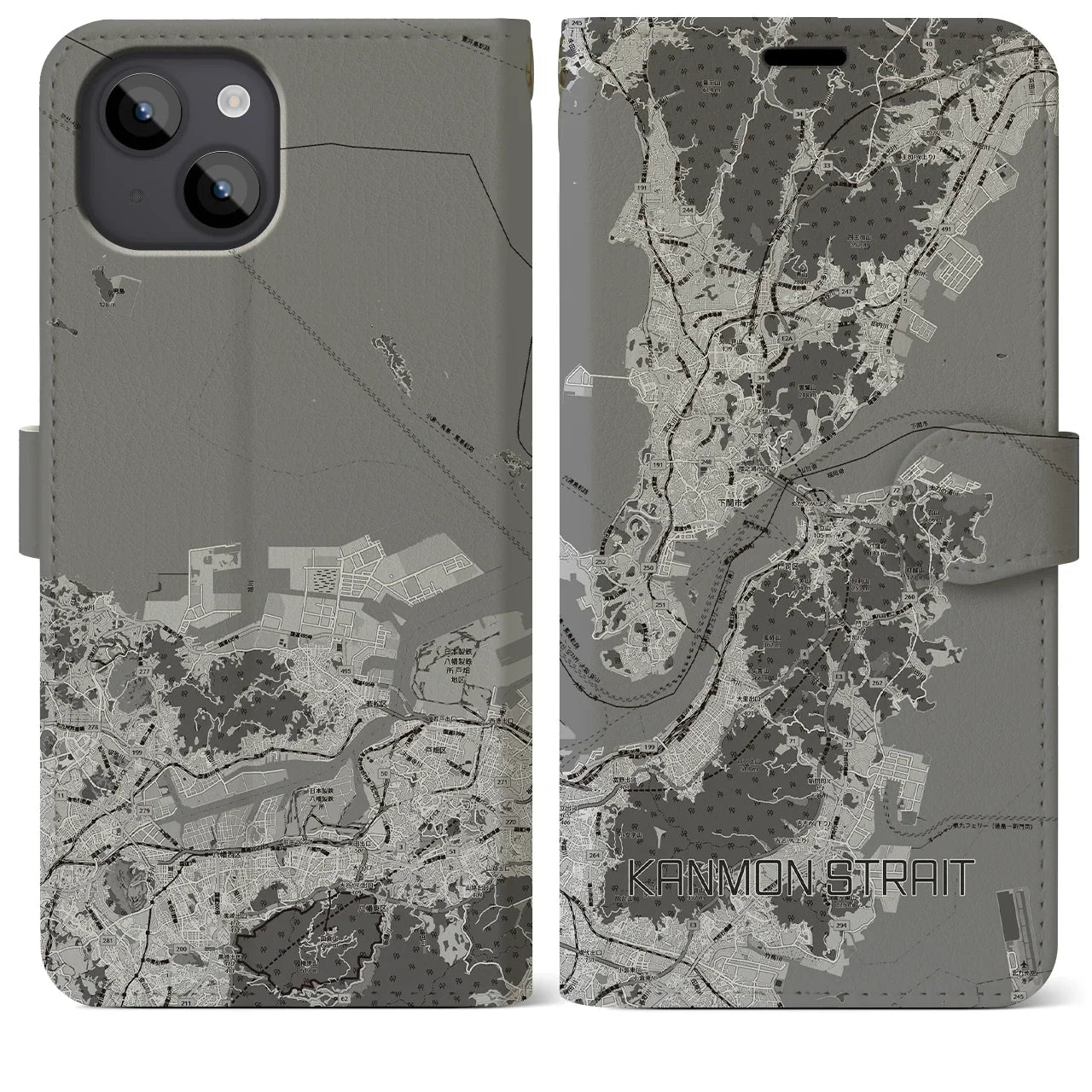 【関門海峡(山口県)】地図柄iPhoneケース(手帳タイプ)モノトーン・iPhone 14 Plus 用