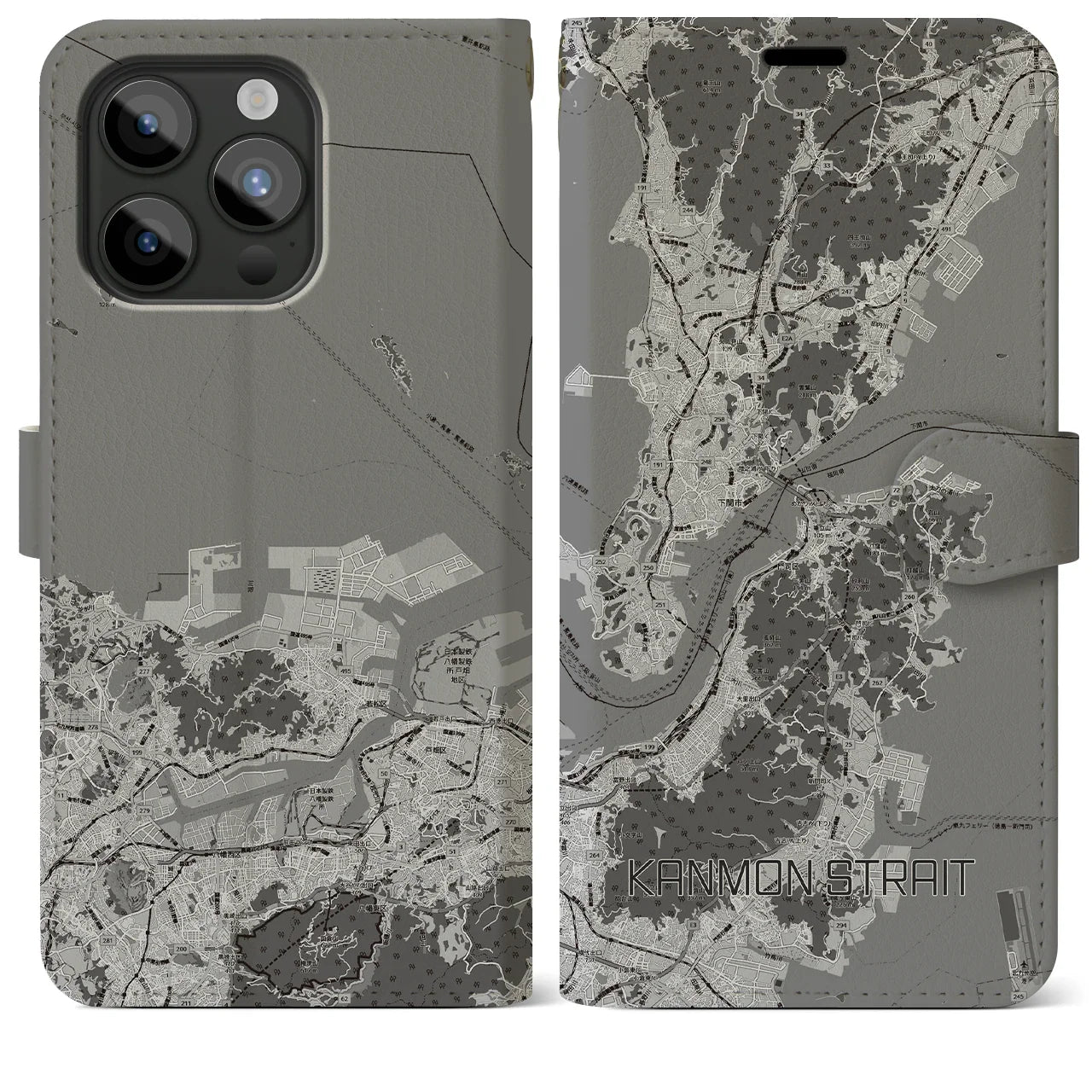 【関門海峡(山口県)】地図柄iPhoneケース(手帳タイプ)モノトーン・iPhone 15 Pro Max 用