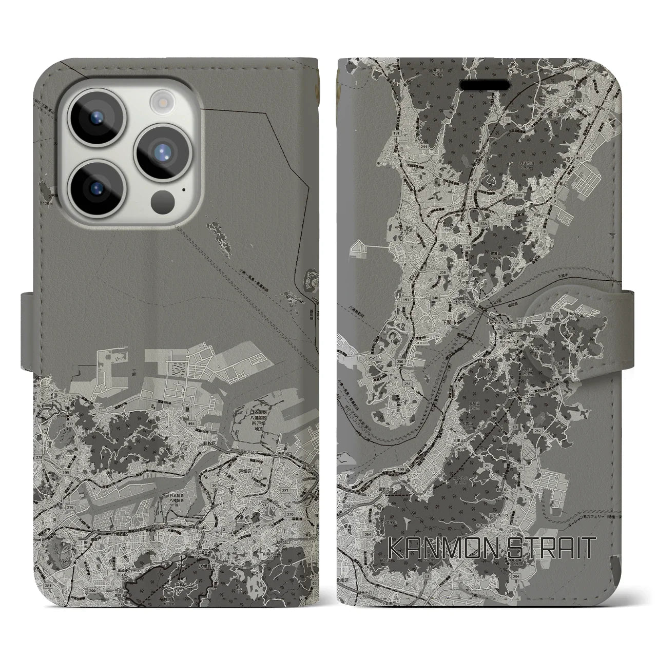 【関門海峡(山口県)】地図柄iPhoneケース(手帳タイプ)モノトーン・iPhone 15 Pro 用
