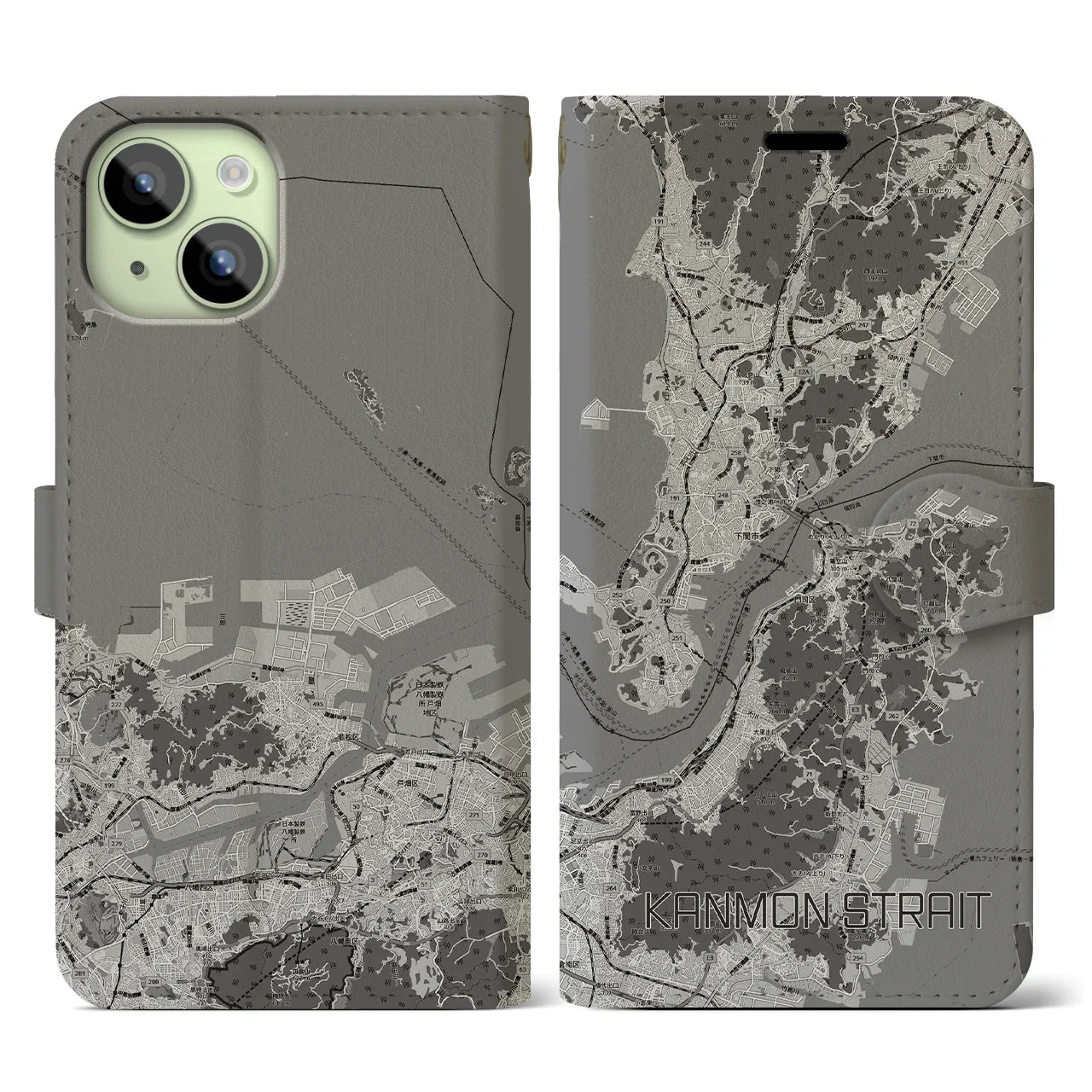 【関門海峡(山口県)】地図柄iPhoneケース(手帳タイプ)モノトーン・iPhone 15 用