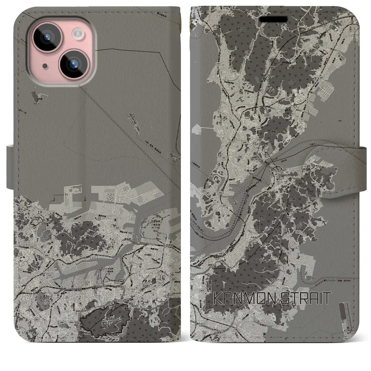 【関門海峡(山口県)】地図柄iPhoneケース(手帳タイプ)モノトーン・iPhone 15 Plus 用