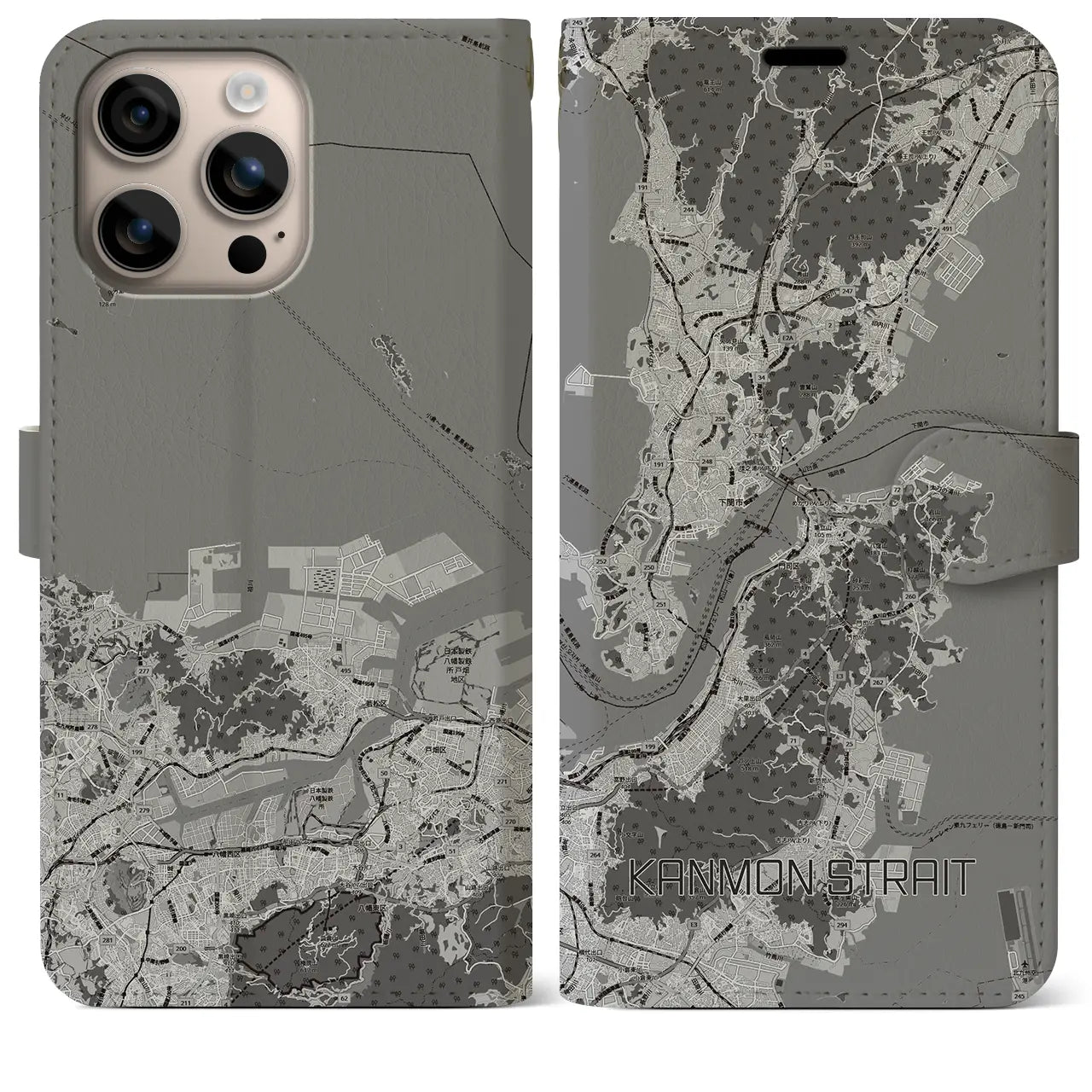 【関門海峡(山口県)】地図柄iPhoneケース(手帳タイプ)モノトーン・iPhone 16 Plus 用