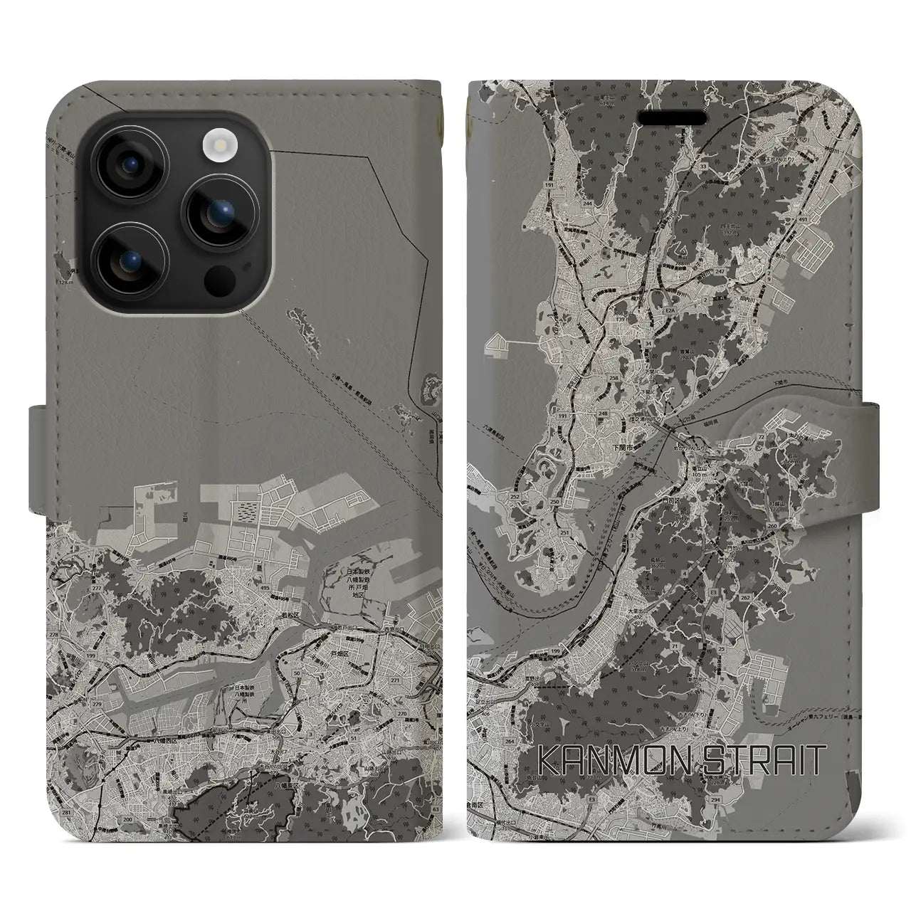 【関門海峡(山口県)】地図柄iPhoneケース(手帳タイプ)モノトーン・iPhone 16 用