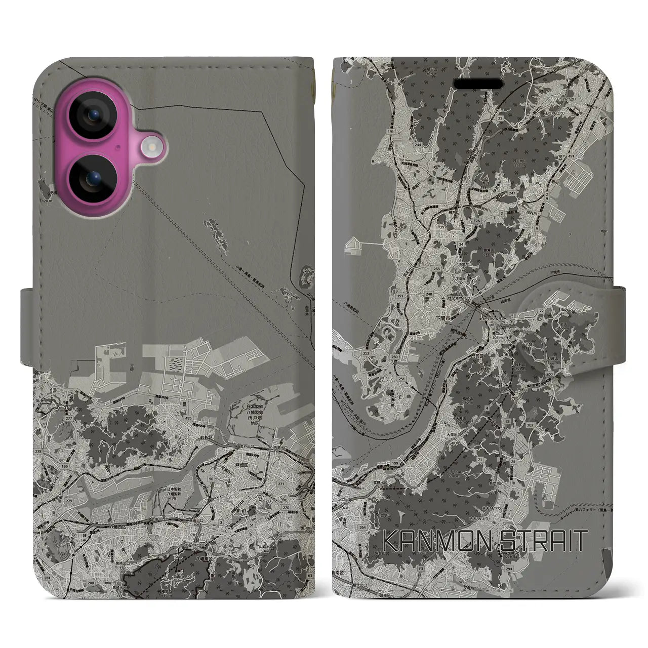 【関門海峡(山口県)】地図柄iPhoneケース(手帳タイプ)モノトーン・iPhone 16 Pro 用