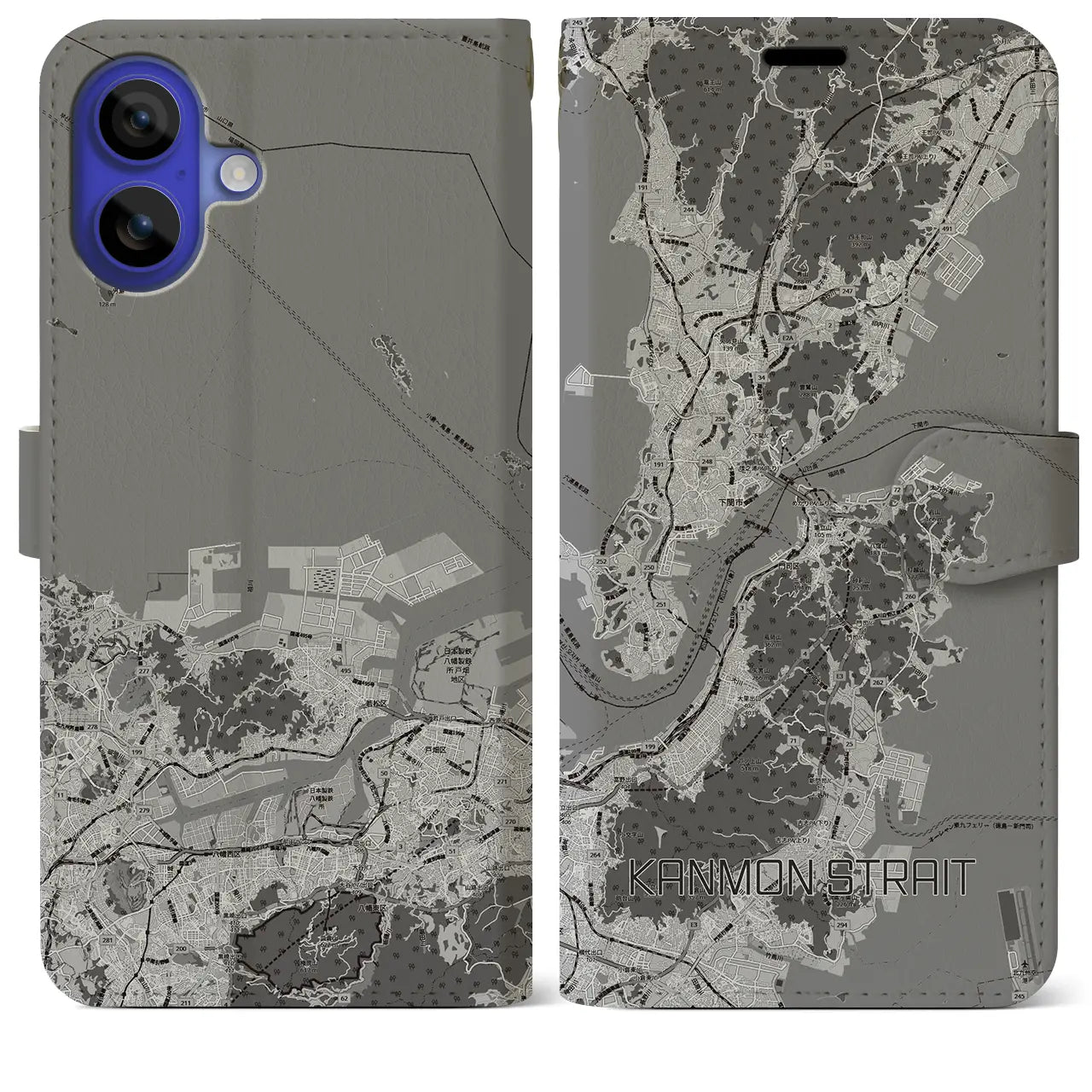 【関門海峡(山口県)】地図柄iPhoneケース(手帳タイプ)モノトーン・iPhone 16 Pro Max 用