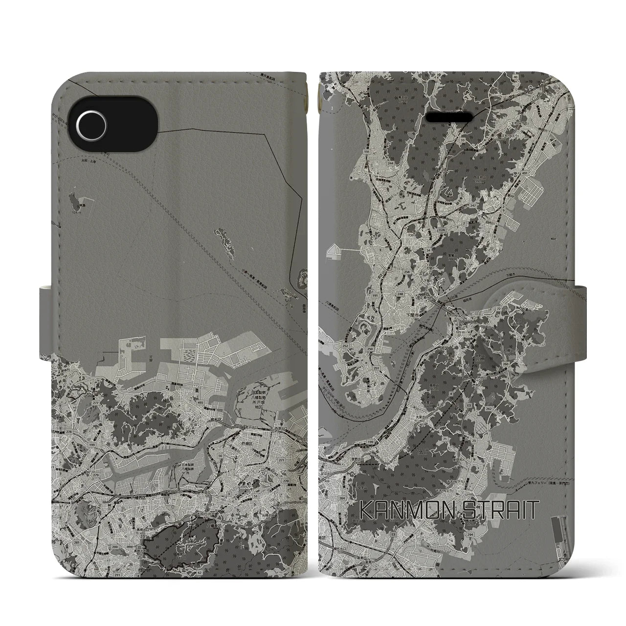 【関門海峡(山口県)】地図柄iPhoneケース(手帳タイプ)モノトーン・iPhone SE(第3 / 第2世代) / 8 / 7 / 6s / 6 用