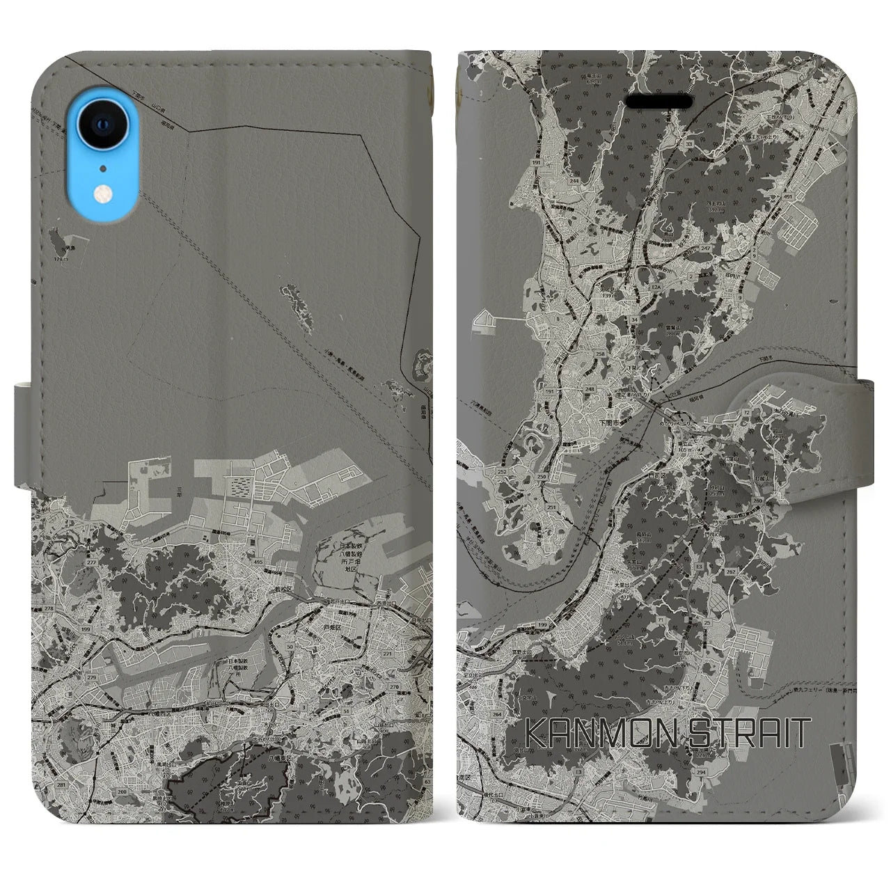 【関門海峡(山口県)】地図柄iPhoneケース(手帳タイプ)モノトーン・iPhone XR 用