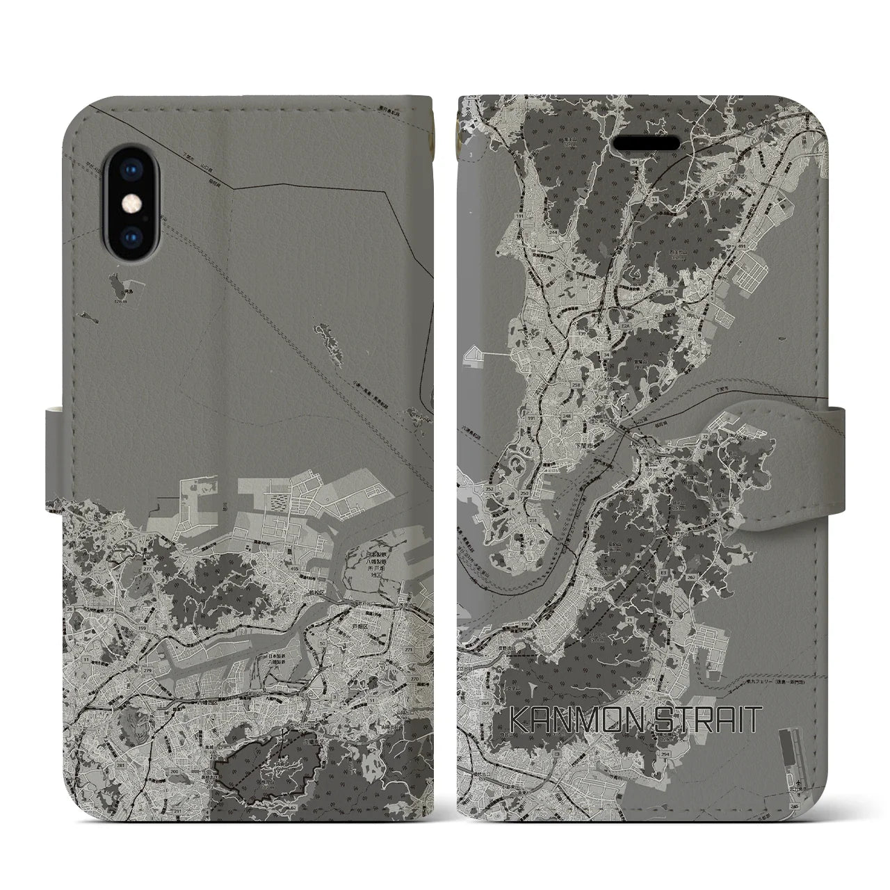 【関門海峡(山口県)】地図柄iPhoneケース(手帳タイプ)モノトーン・iPhone XS / X 用