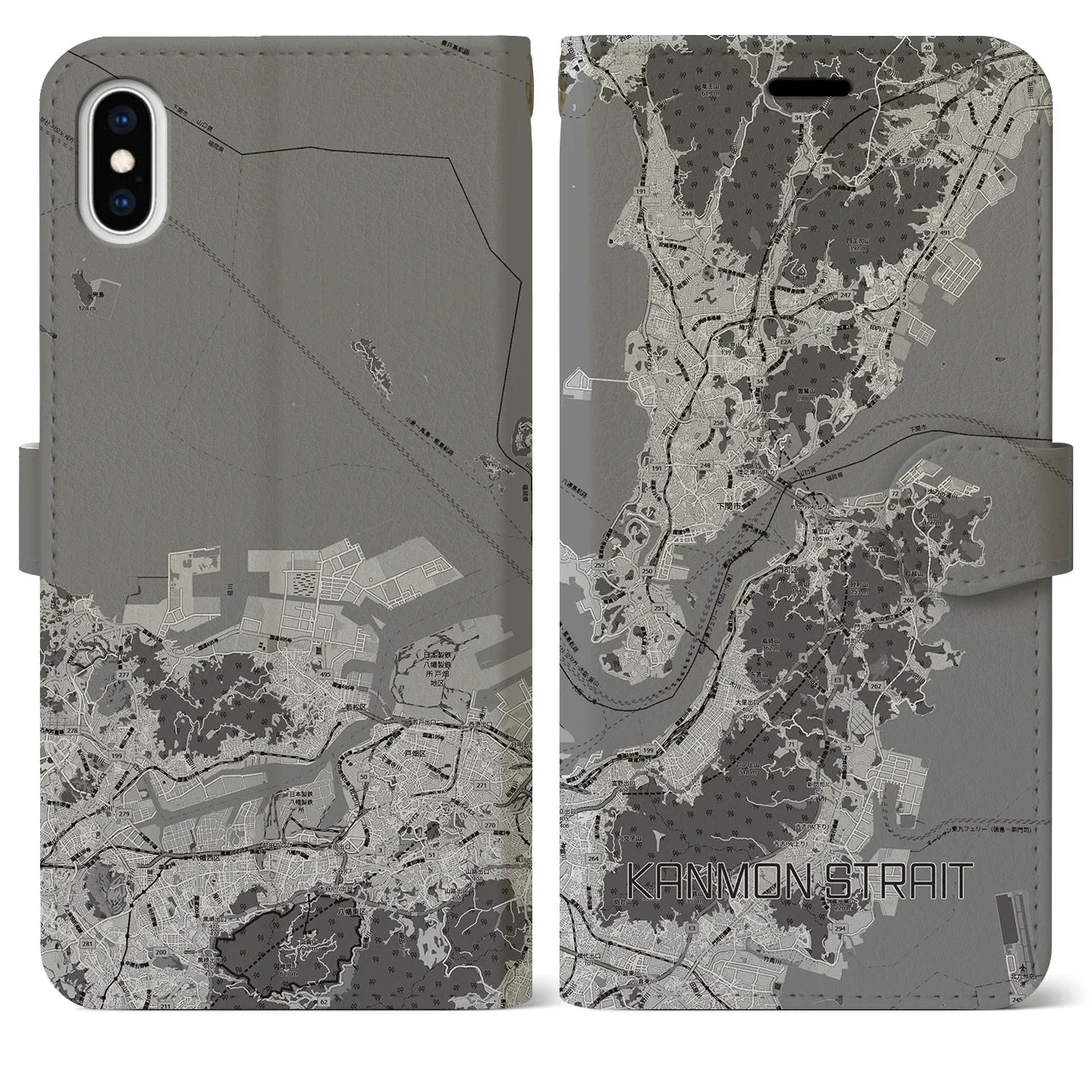 【関門海峡(山口県)】地図柄iPhoneケース(手帳タイプ)モノトーン・iPhone XS Max 用
