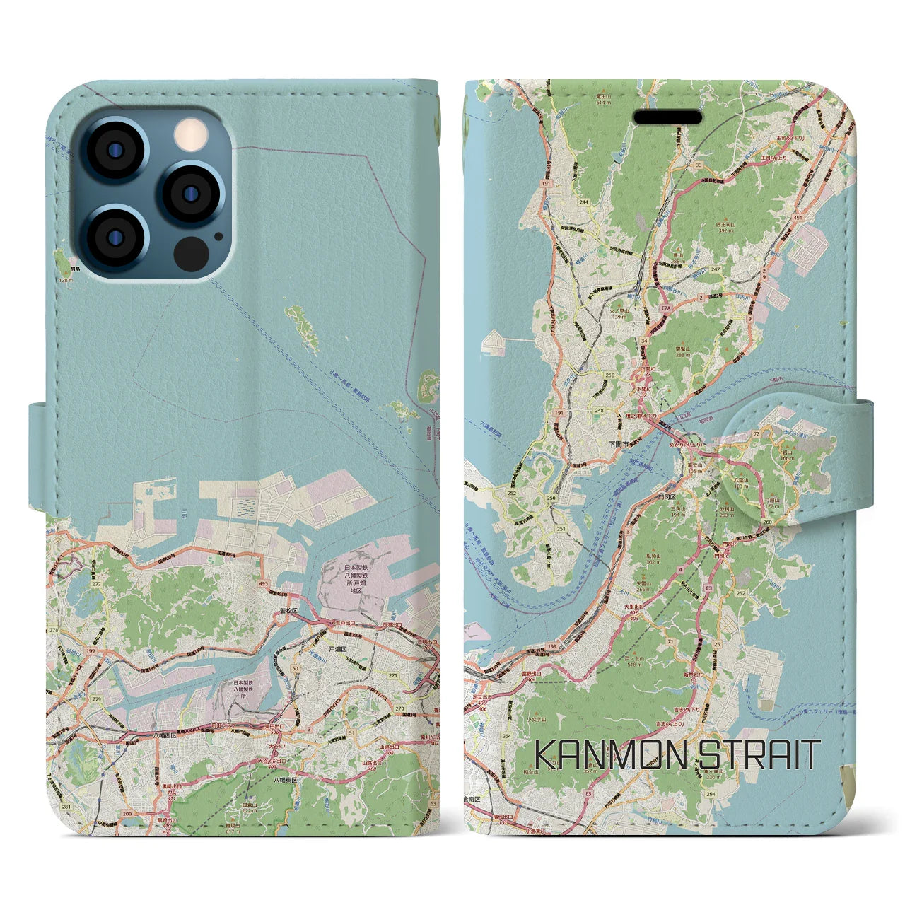 【関門海峡(山口県)】地図柄iPhoneケース(手帳タイプ)ナチュラル・iPhone 12 / 12 Pro 用