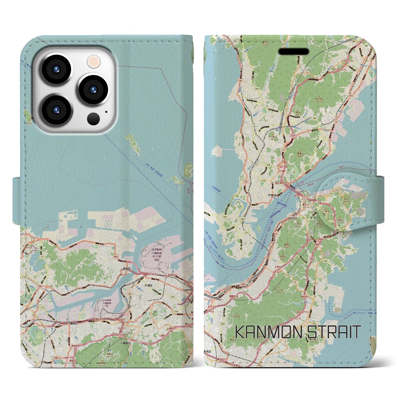【関門海峡(山口県)】地図柄iPhoneケース(手帳タイプ)ナチュラル・iPhone 13 Pro 用