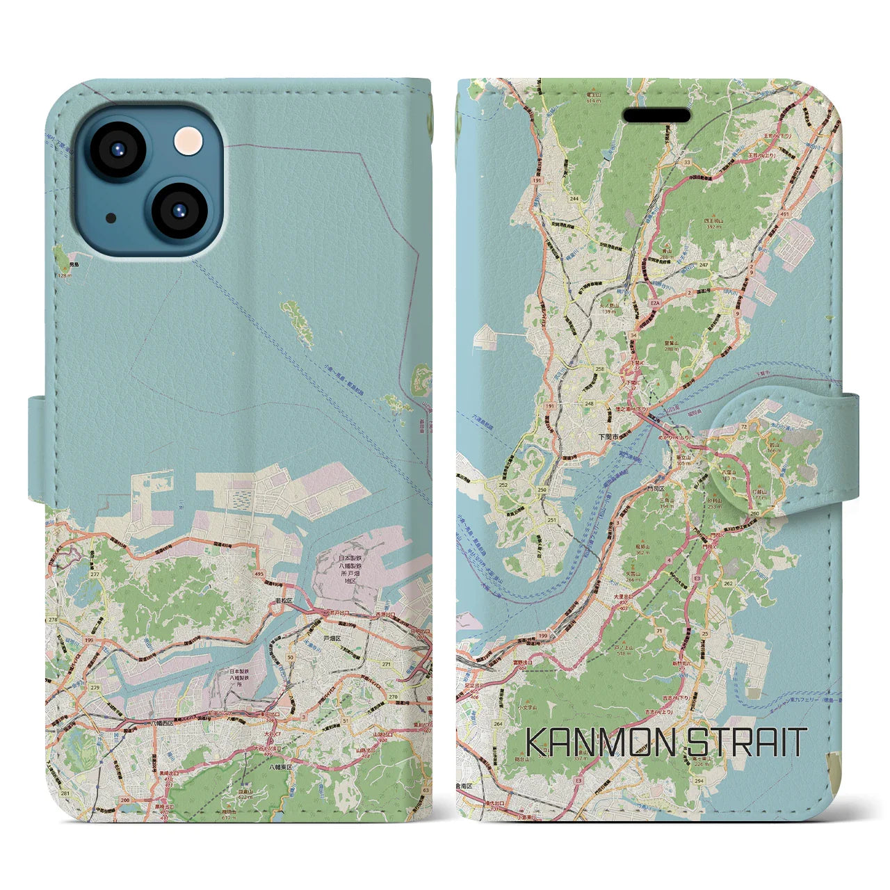 【関門海峡(山口県)】地図柄iPhoneケース(手帳タイプ)ナチュラル・iPhone 13 用