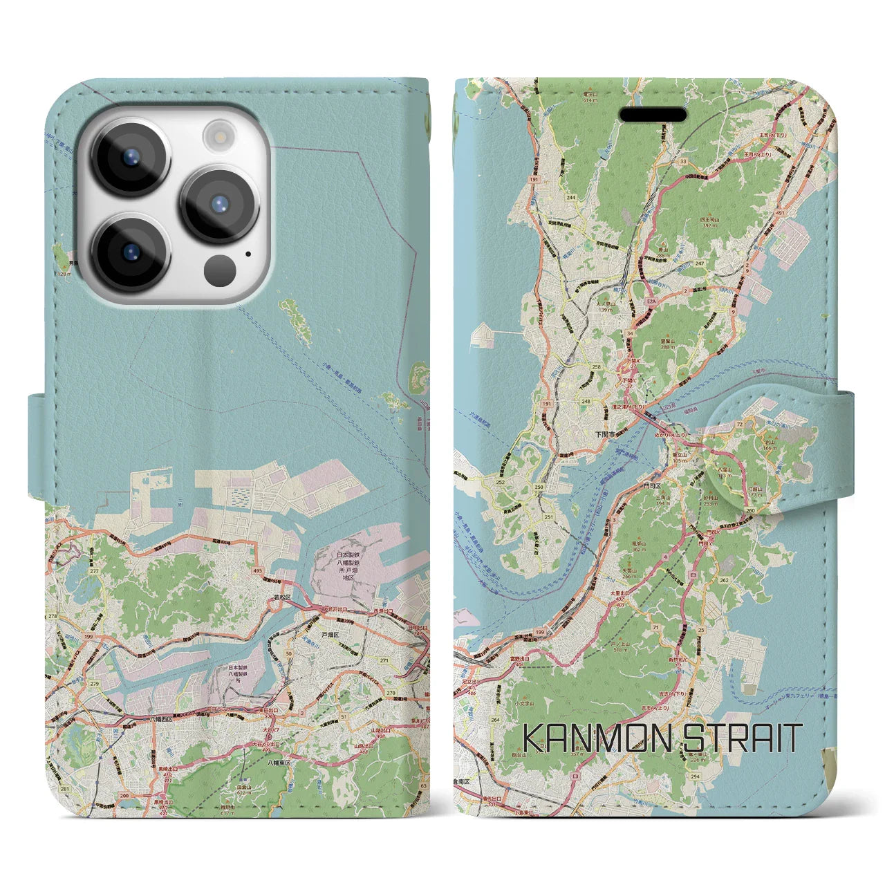 【関門海峡(山口県)】地図柄iPhoneケース(手帳タイプ)ナチュラル・iPhone 14 Pro 用