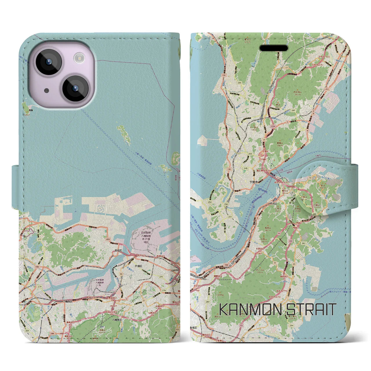 【関門海峡(山口県)】地図柄iPhoneケース(手帳タイプ)ナチュラル・iPhone 14 用