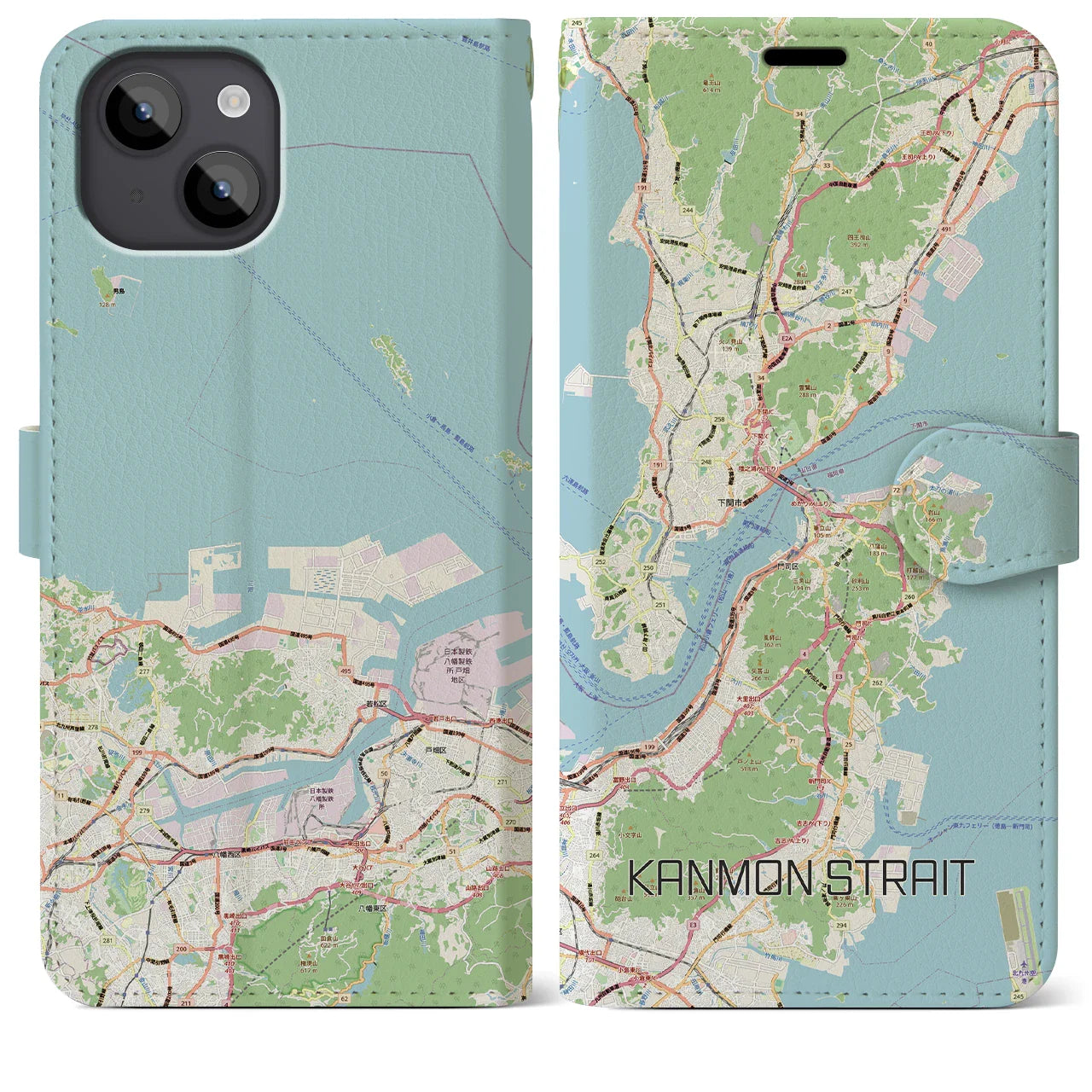【関門海峡(山口県)】地図柄iPhoneケース(手帳タイプ)ナチュラル・iPhone 14 Plus 用
